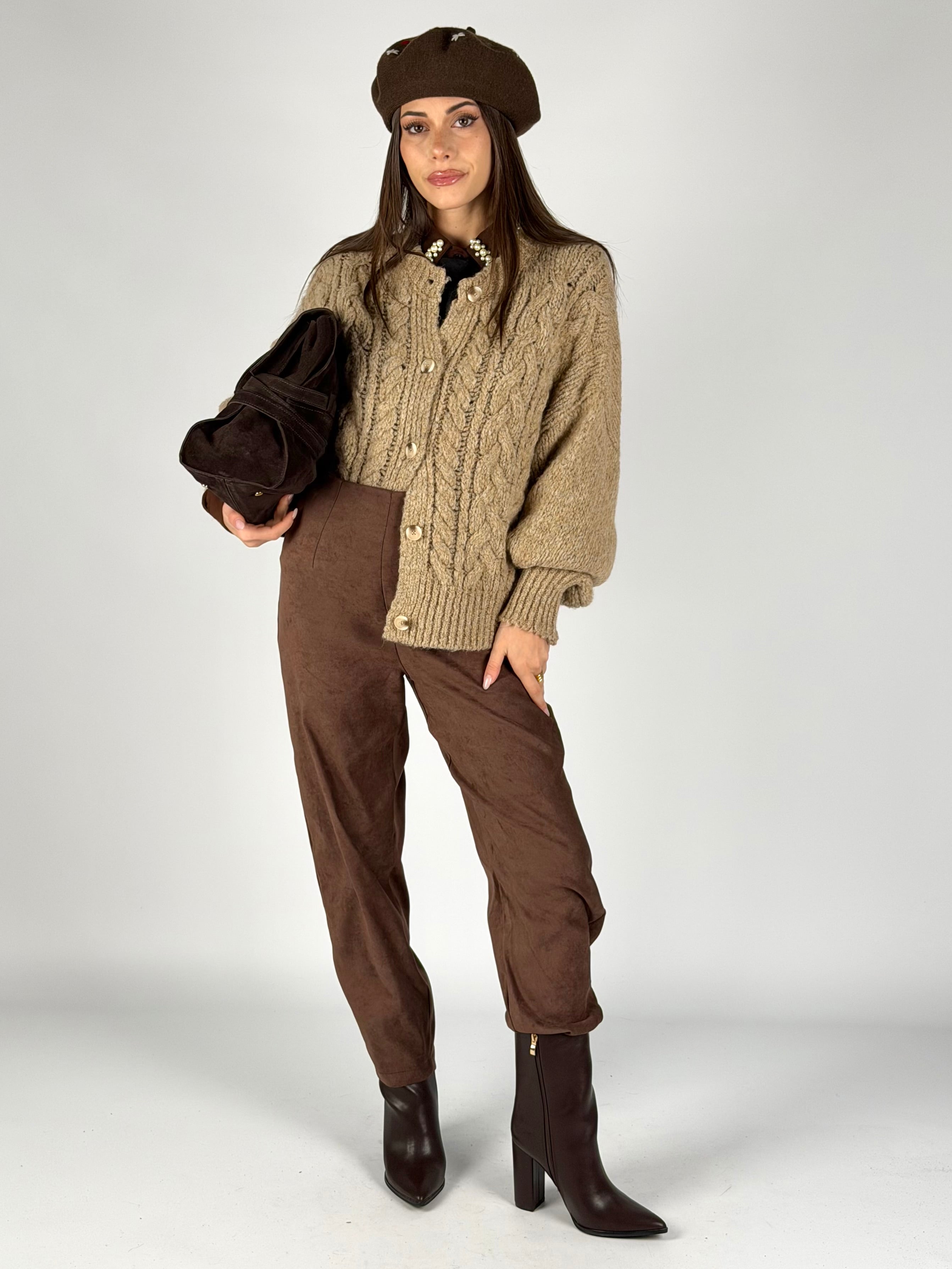 Maglia Cardigan bottoni treccia beige