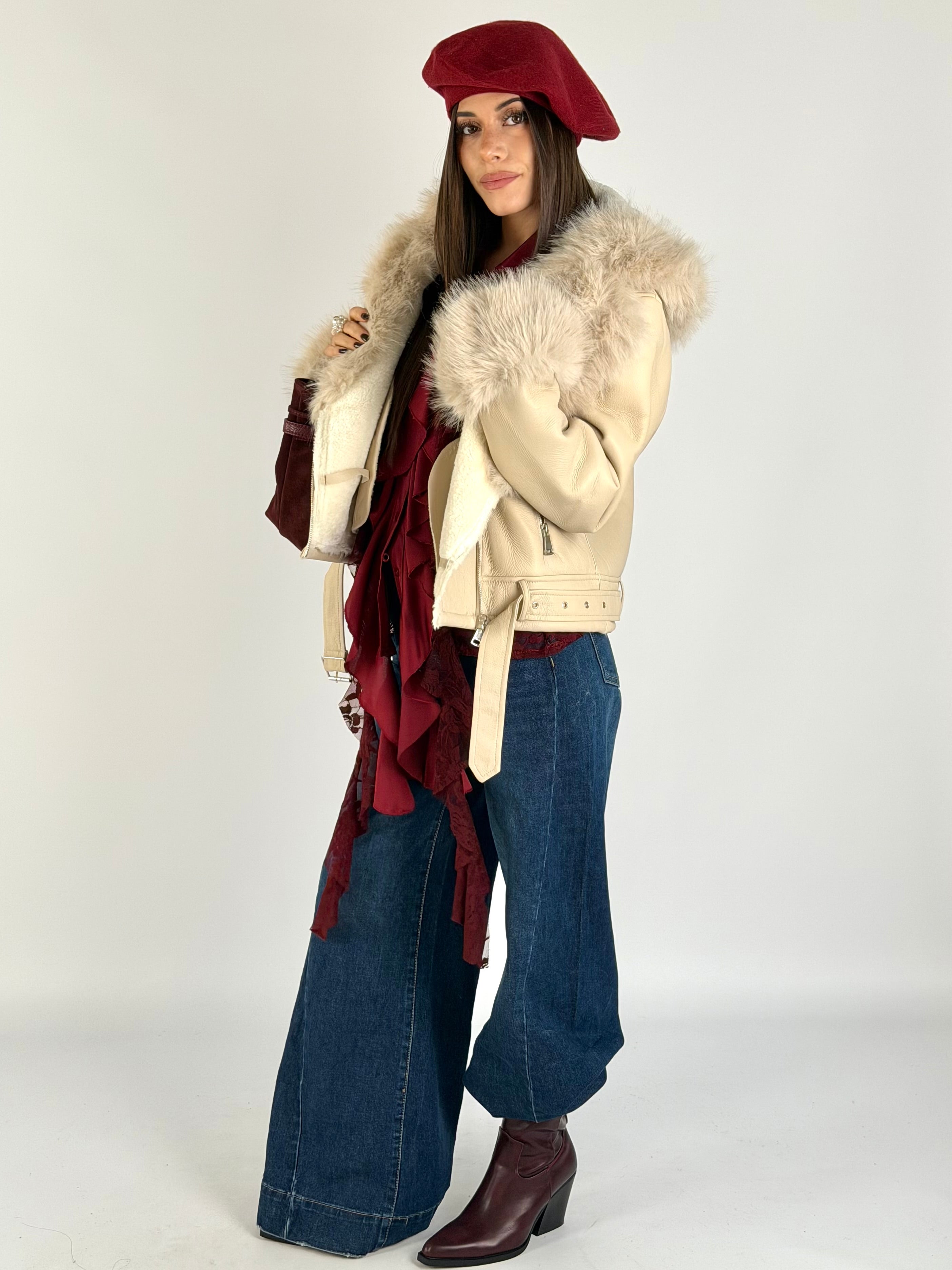 Chiodo con eco pelliccia beige