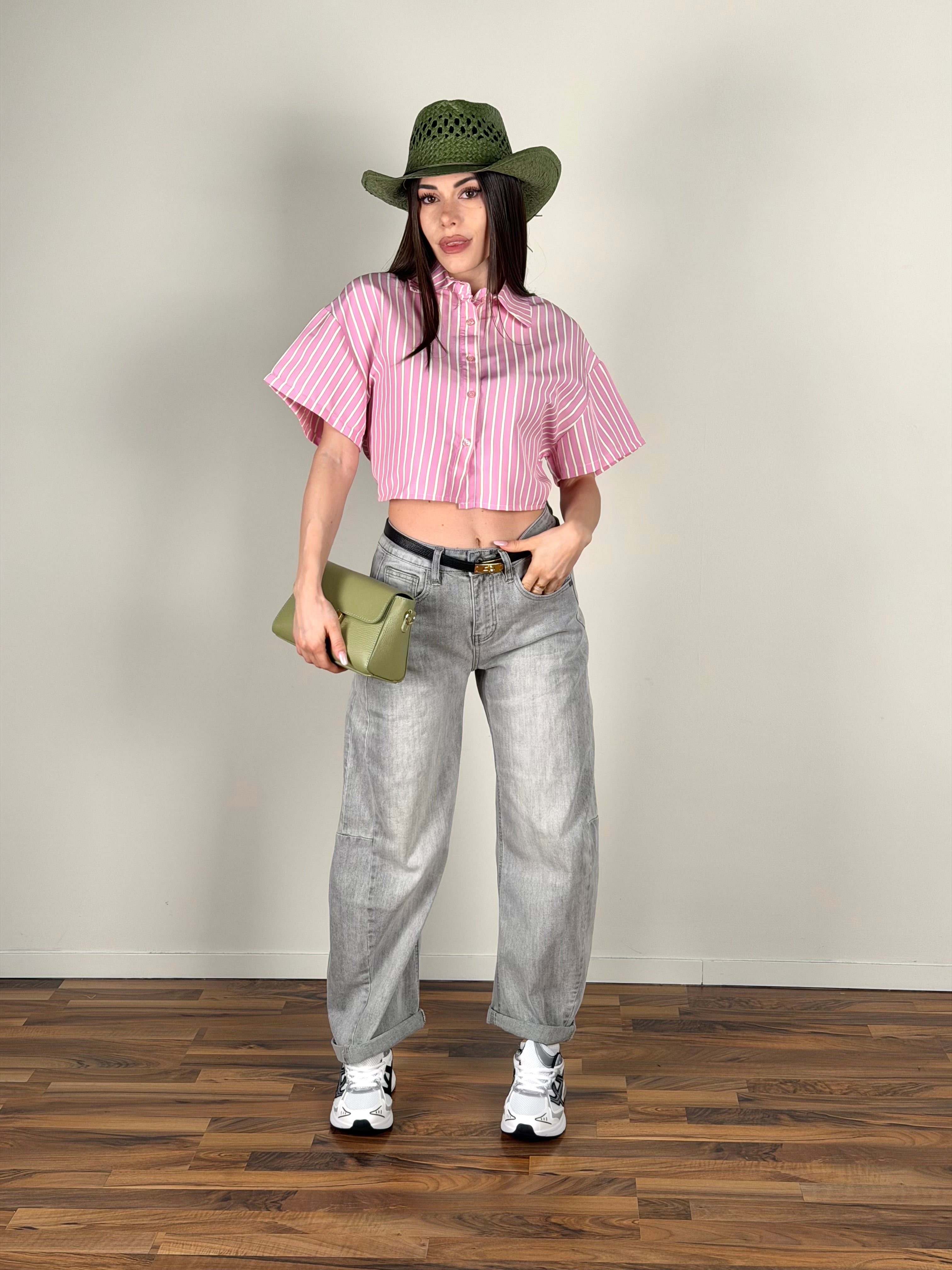 Camicia gessata fiocco rosa