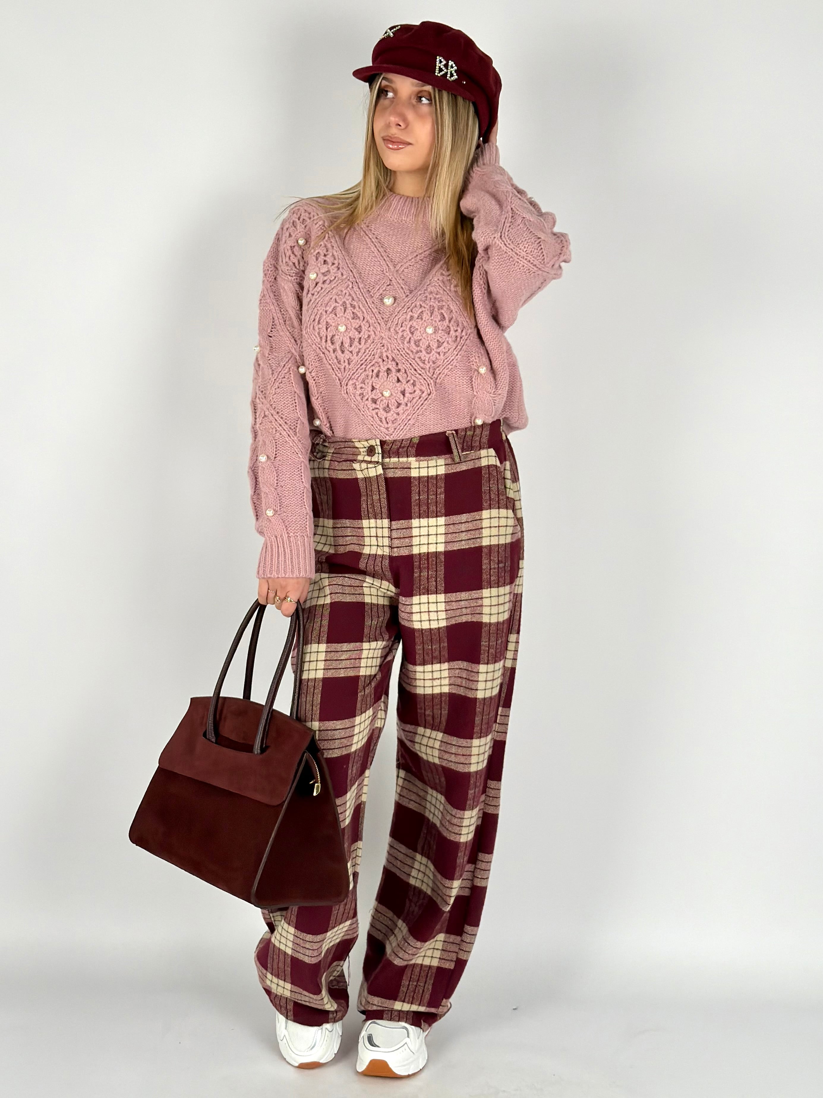 Pantalone check Perla bordeaux
