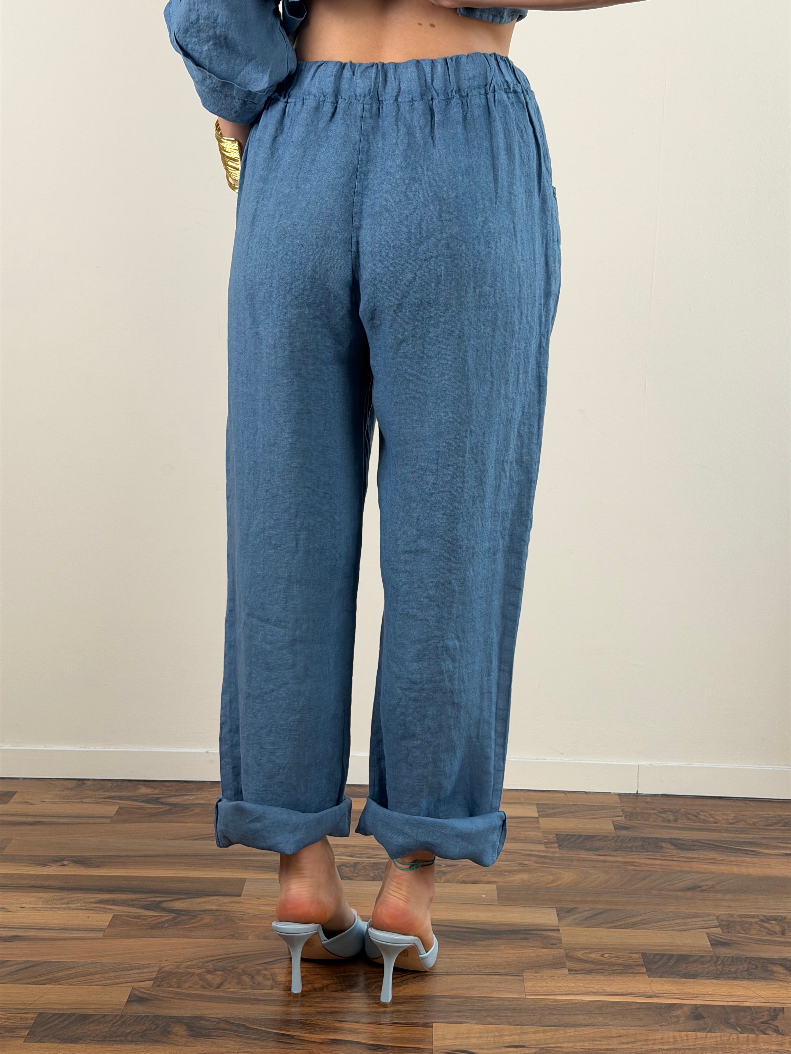 Pantalone Sandy puro lino celeste