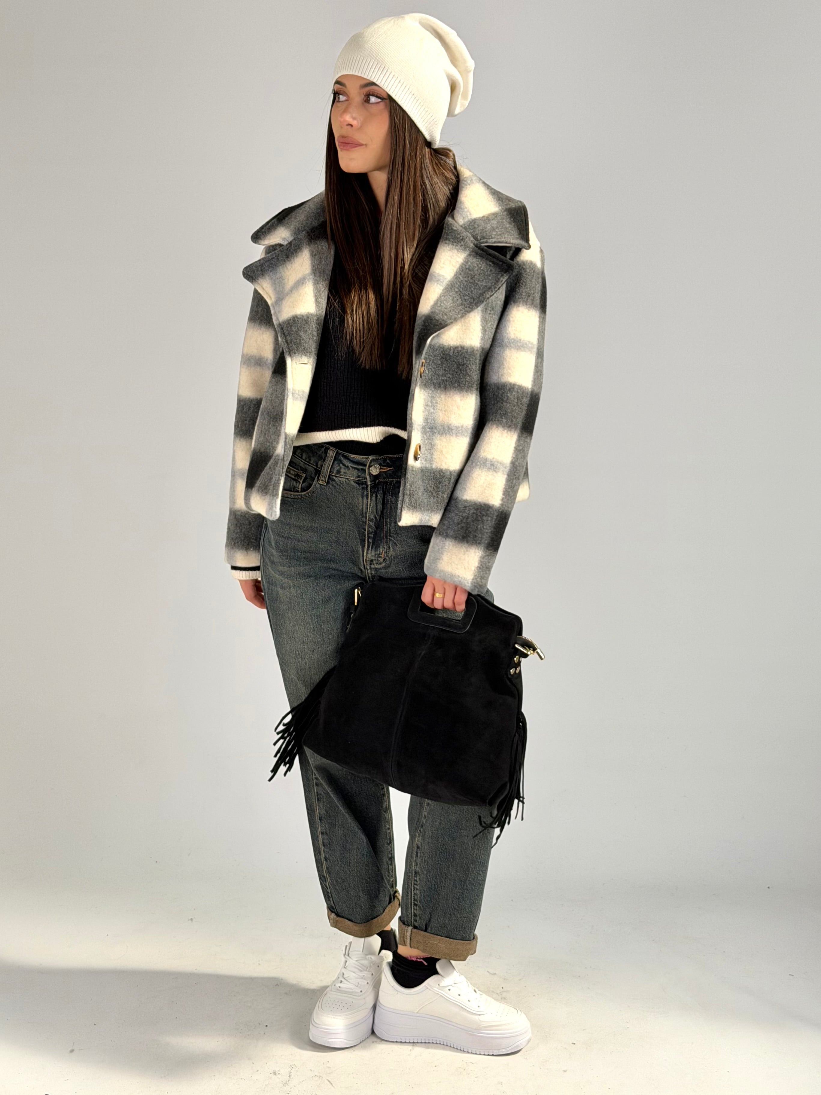 cappotto check in panno nero