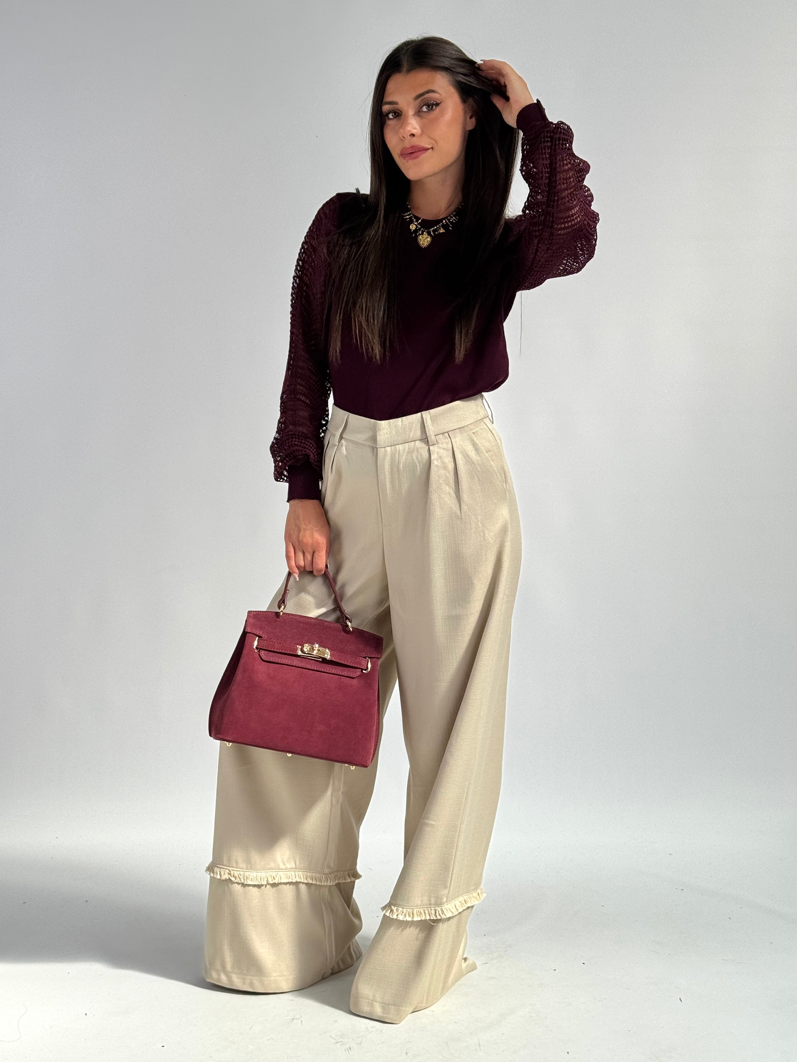 Pantalone risvolto sfrangiato beige