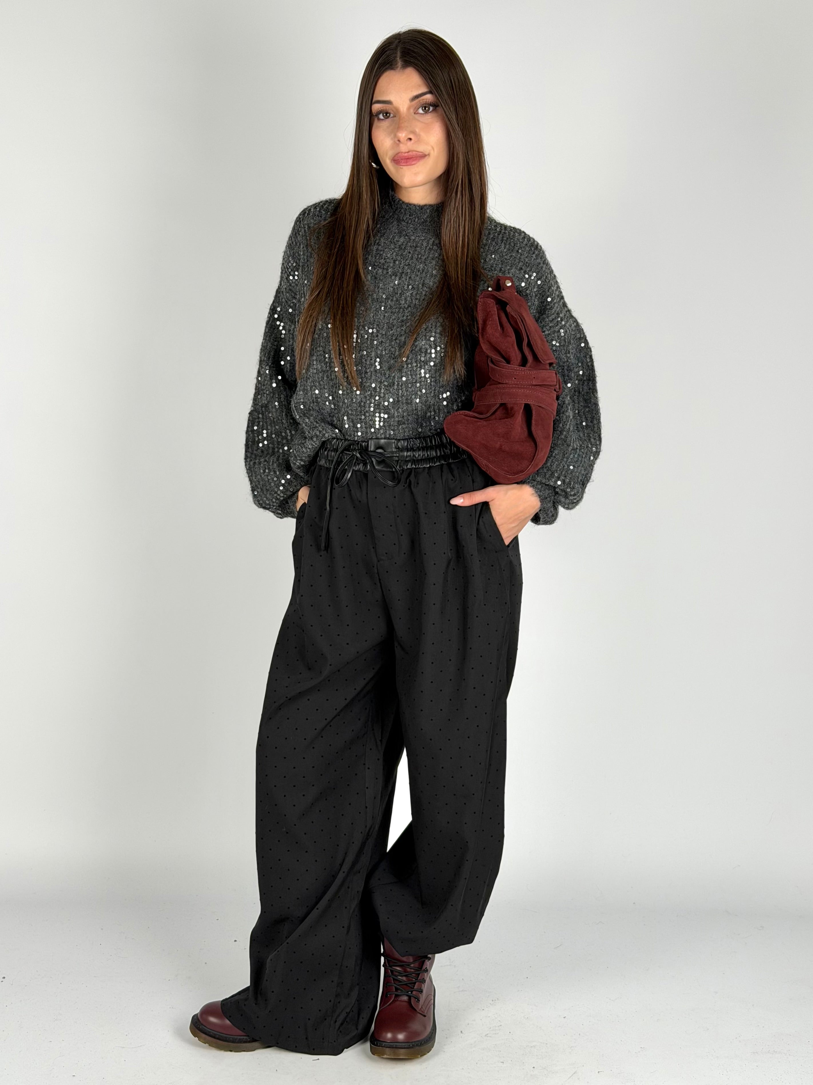 Pantalone pois banda ecopelle nero