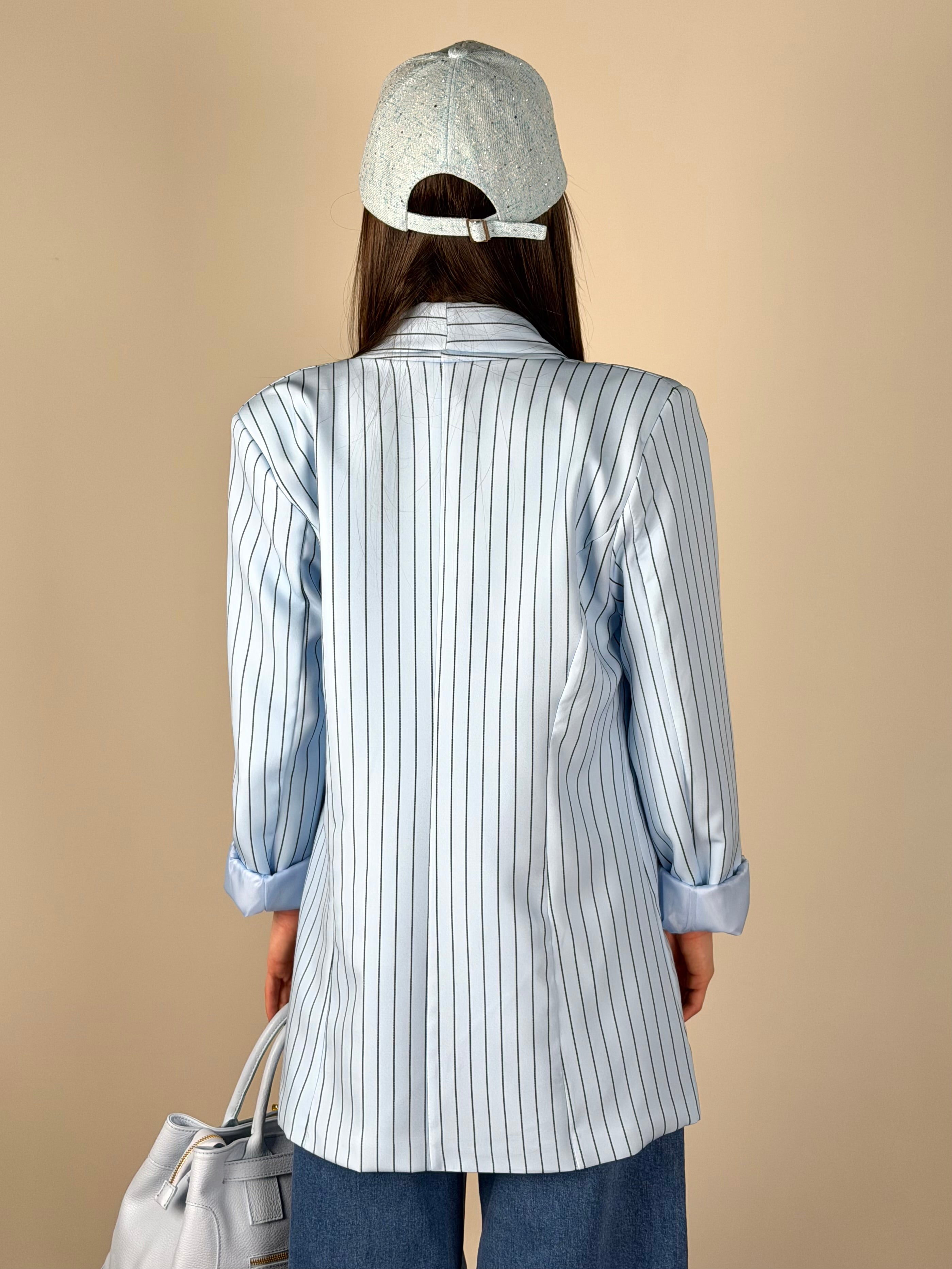 Giacca gessata celeste