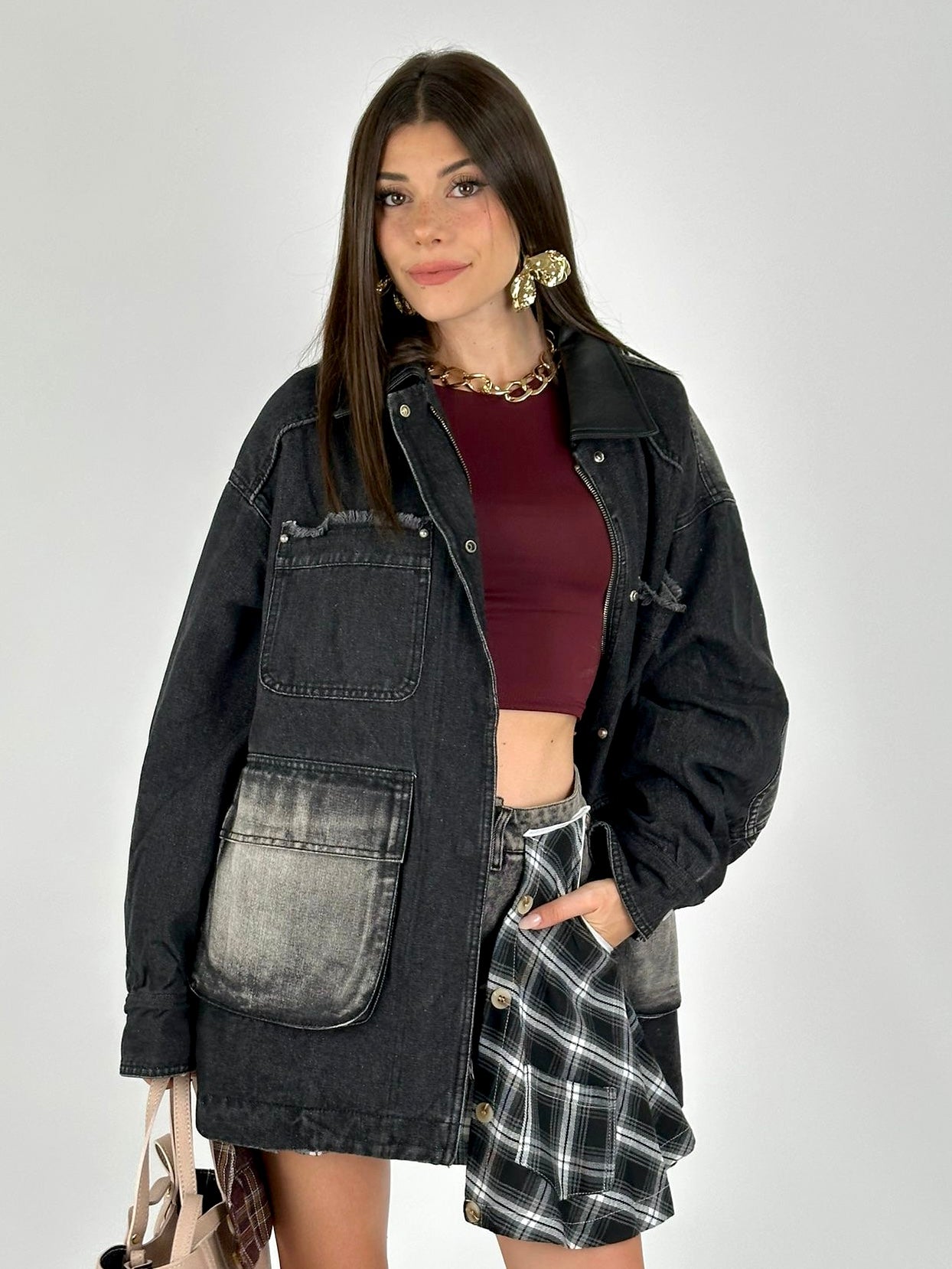 Giubbino denim inserti ecopelle