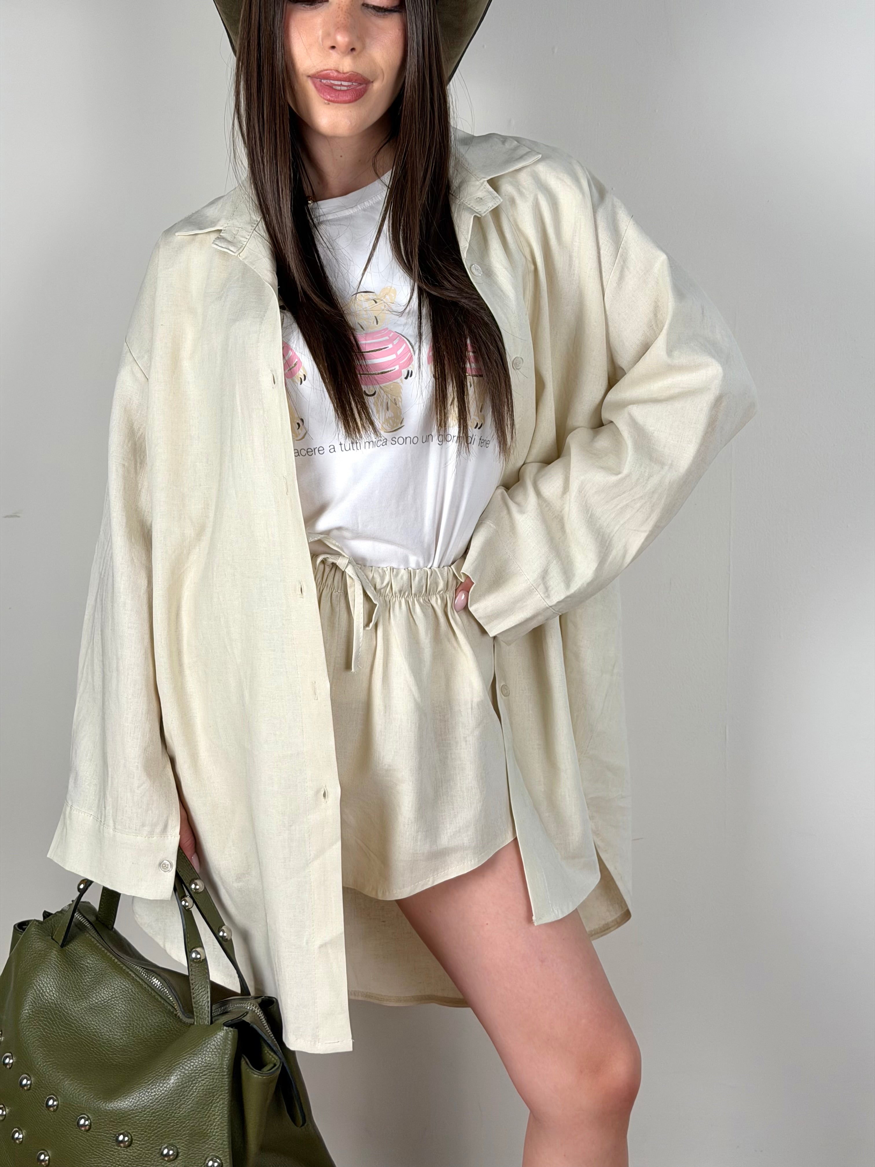 Completo lino maxi camicia + Short  beige