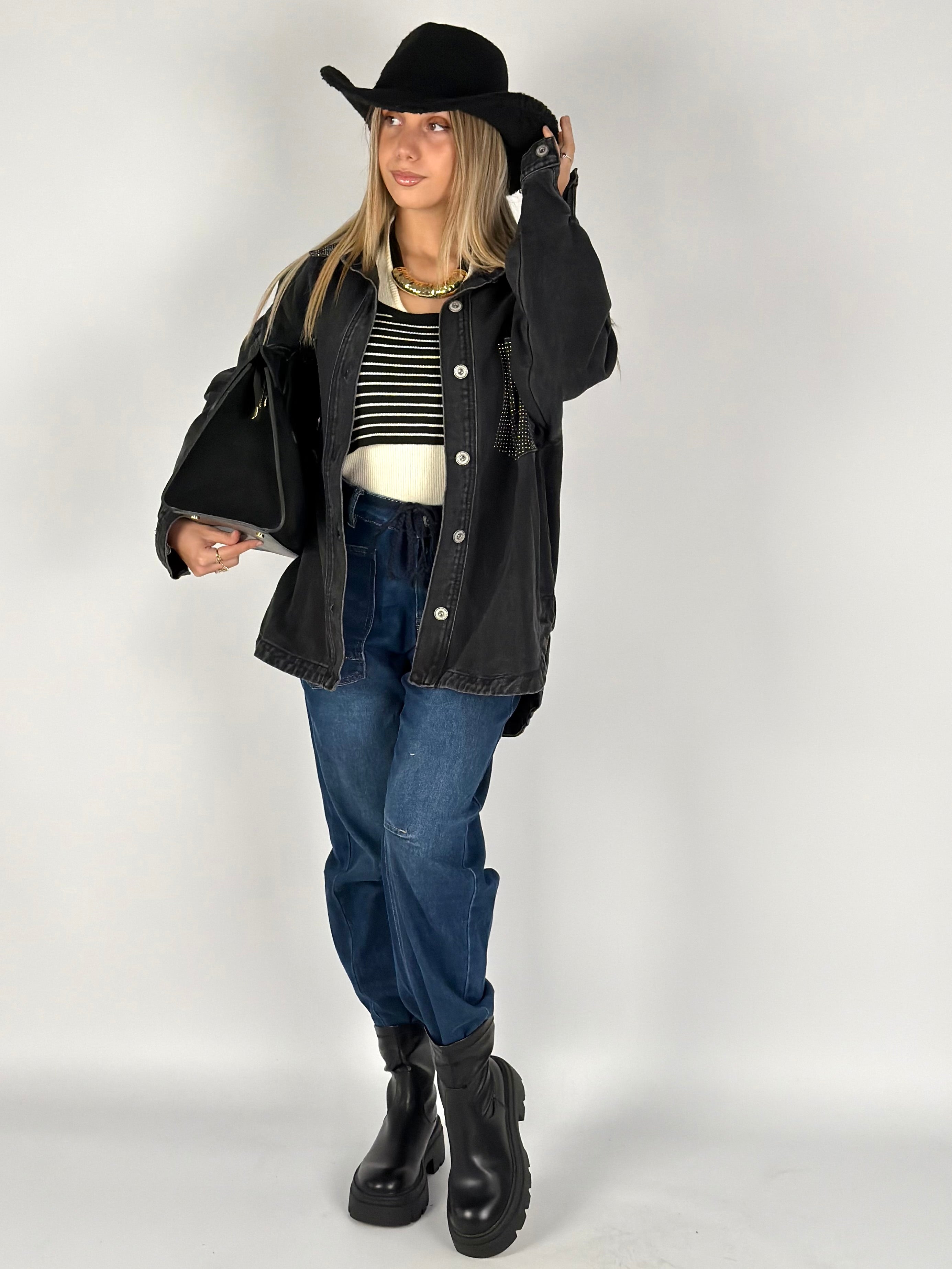 Camicia denim zirconi nera