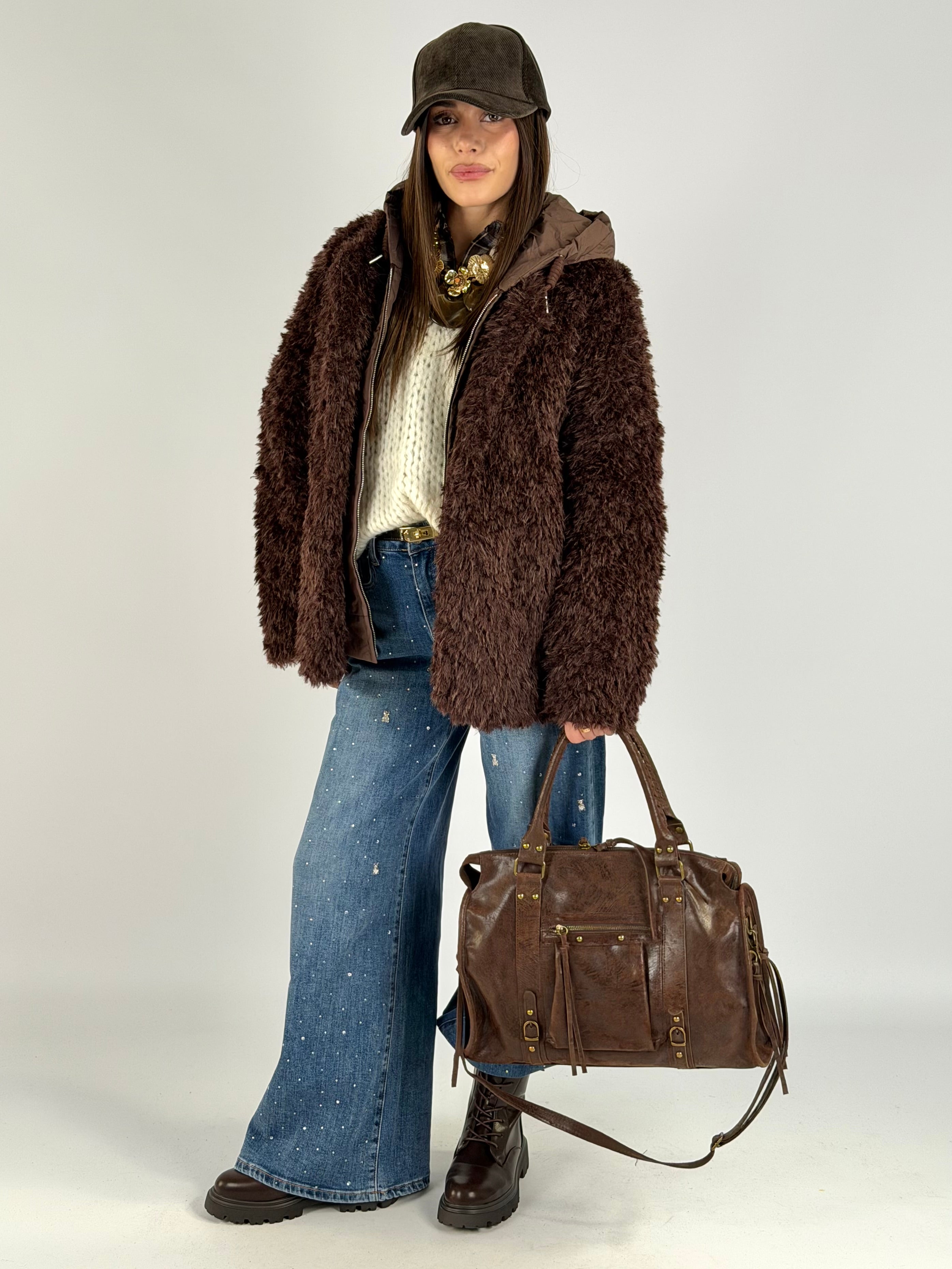 Piumino teddy con cappuccio moro