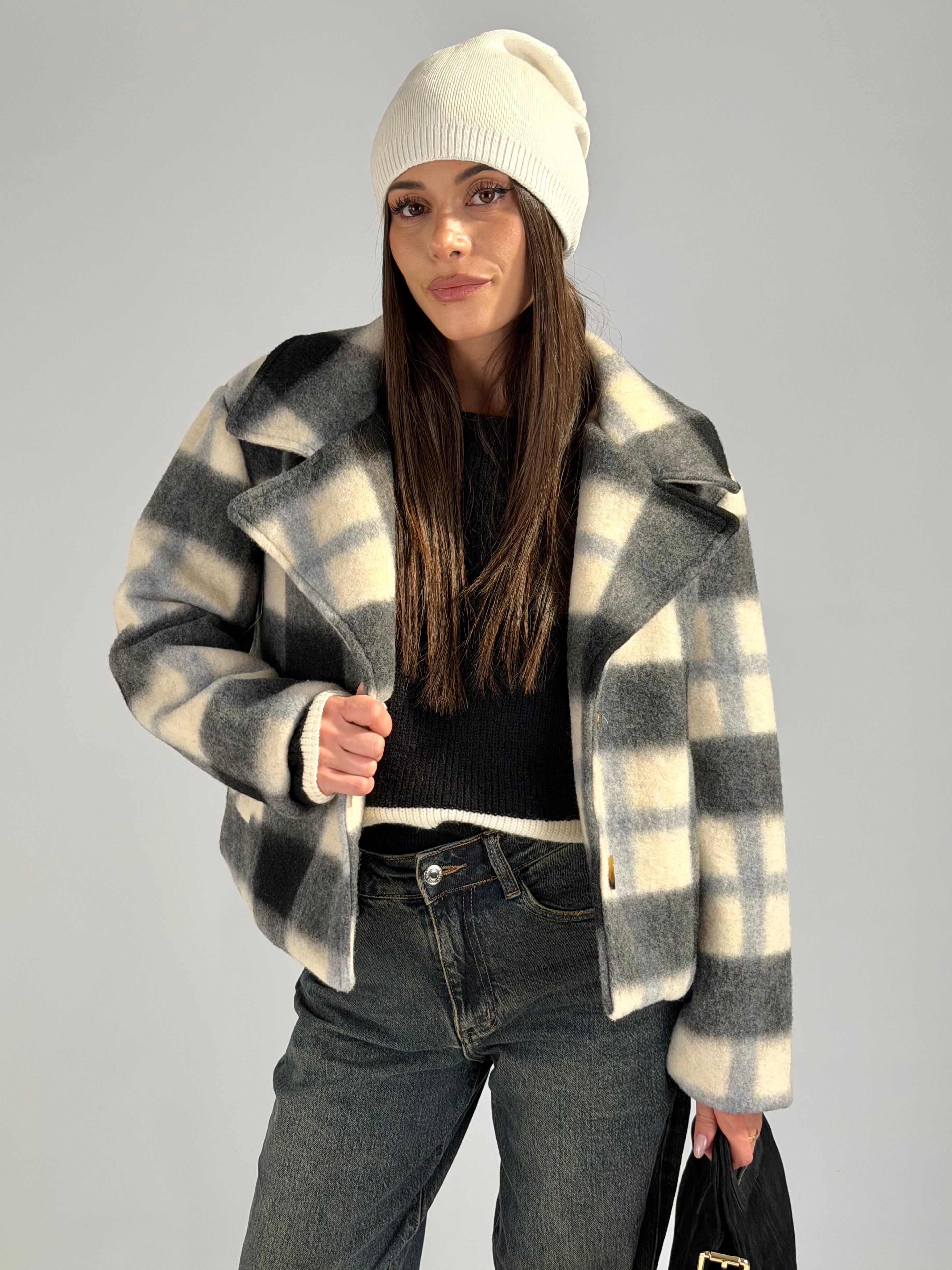 cappotto check in panno nero