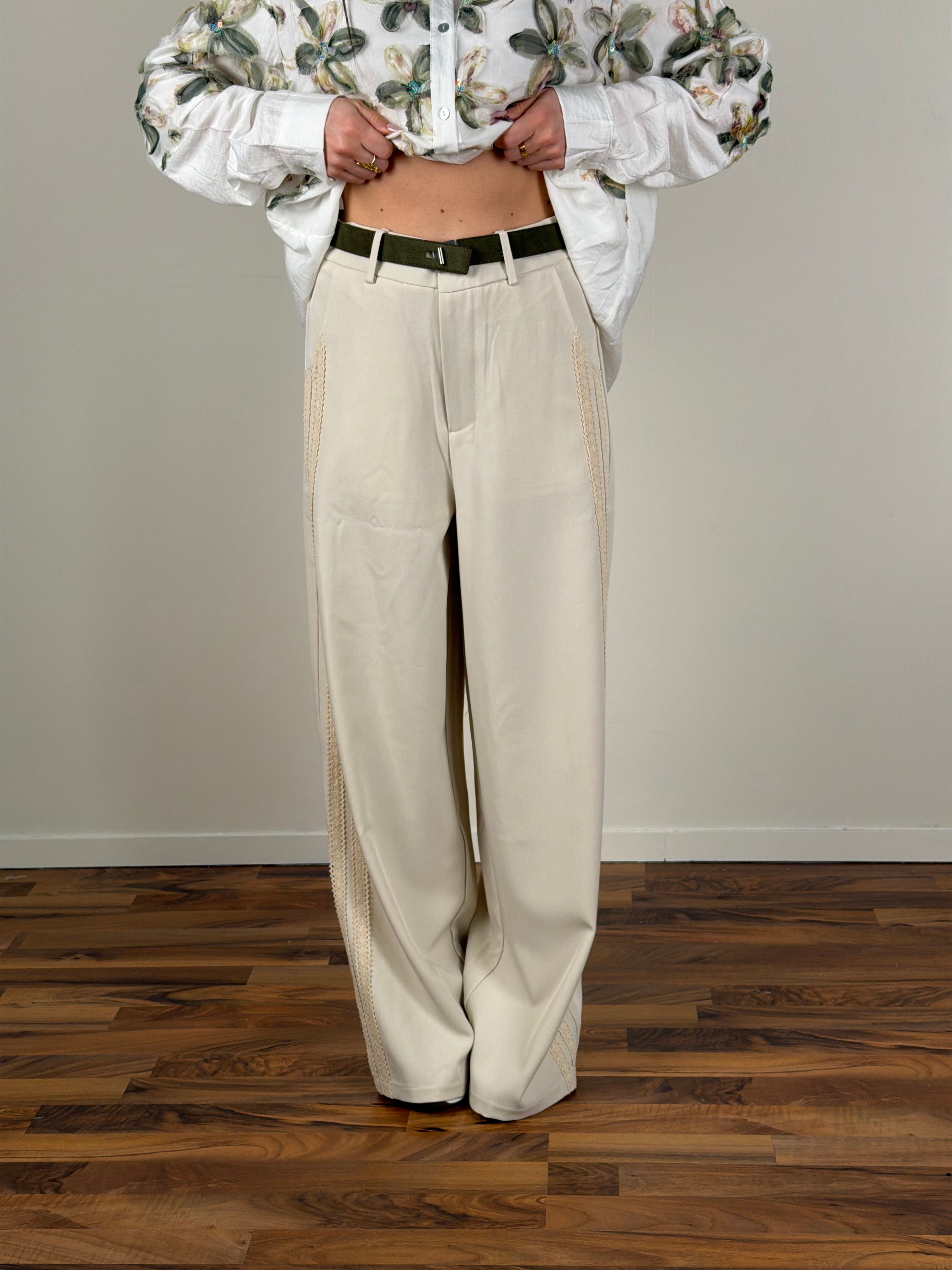 Pantalone bande pizzo beige
