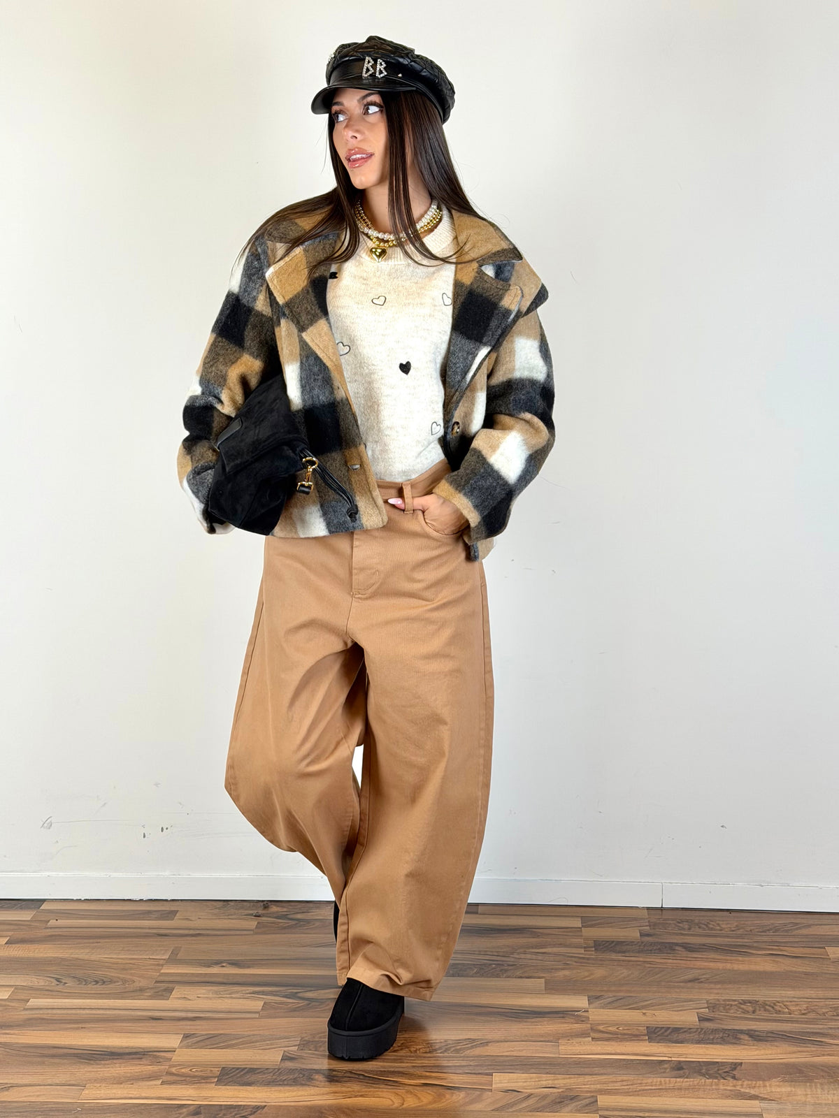 Cappotto crop Check tabacco