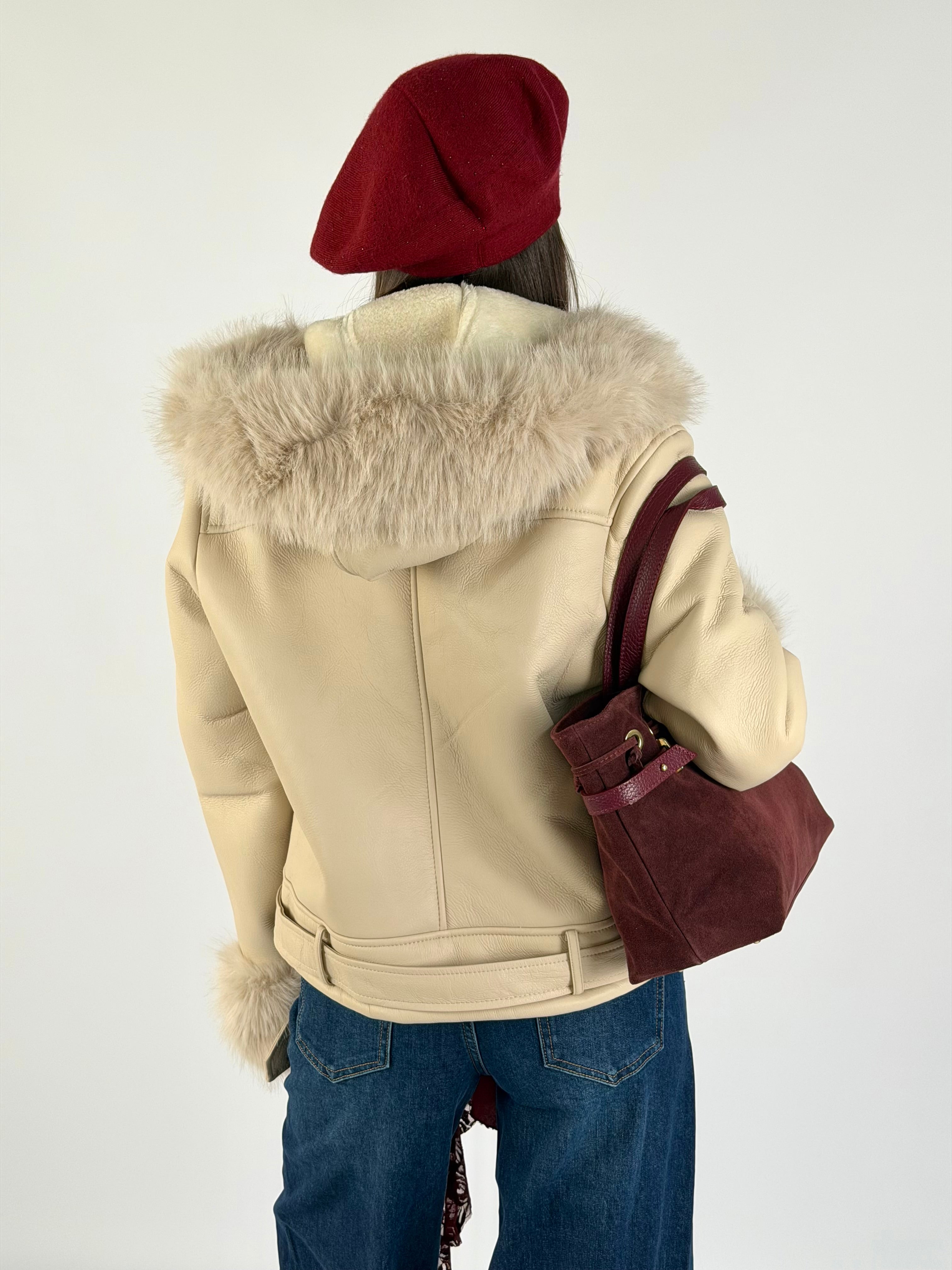 Chiodo con eco pelliccia beige