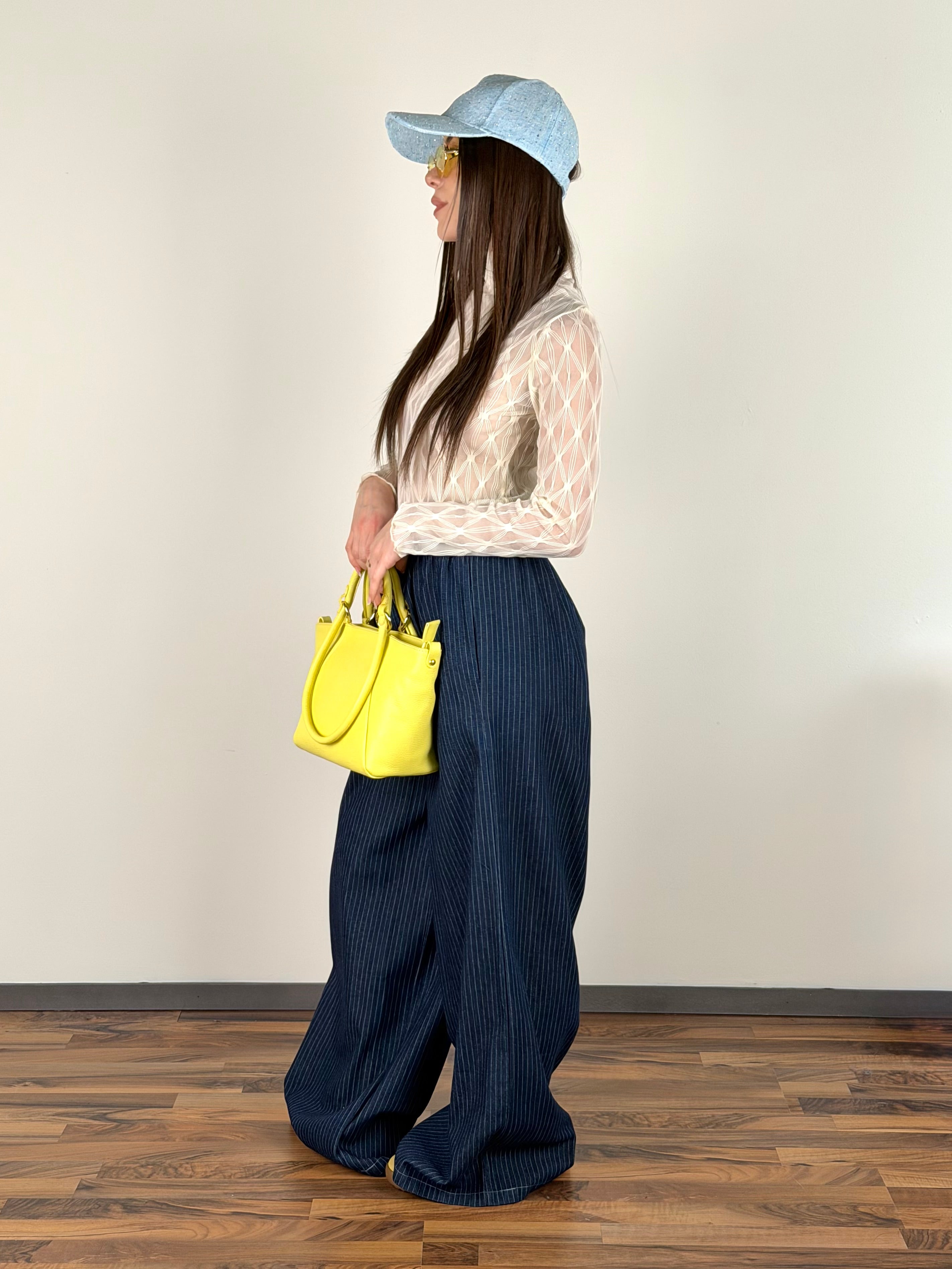 Pantalone maxi gessato Amour blu