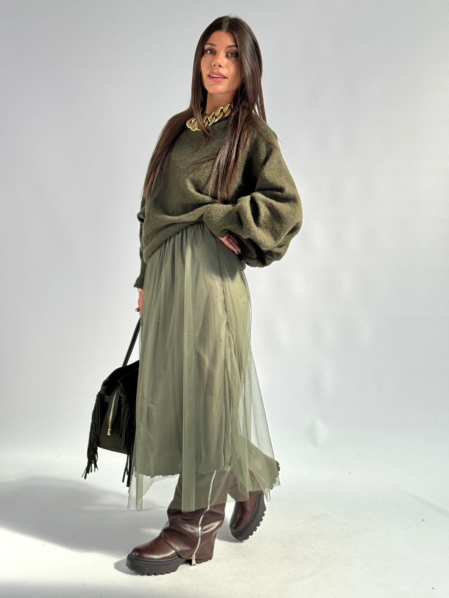 Abito tulle con maglioncino verde