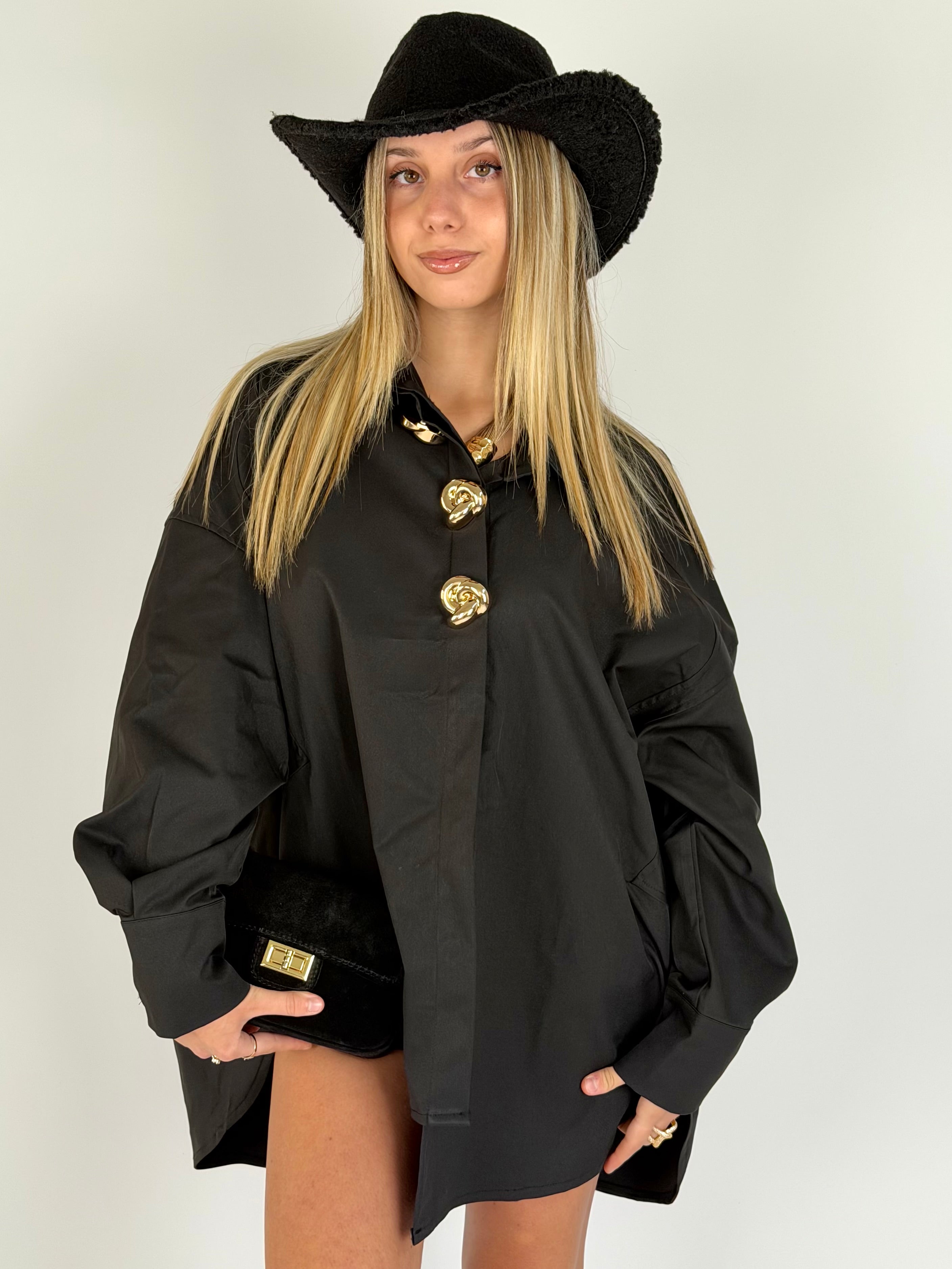 Maxi Camicia applicazioni gioiello nera