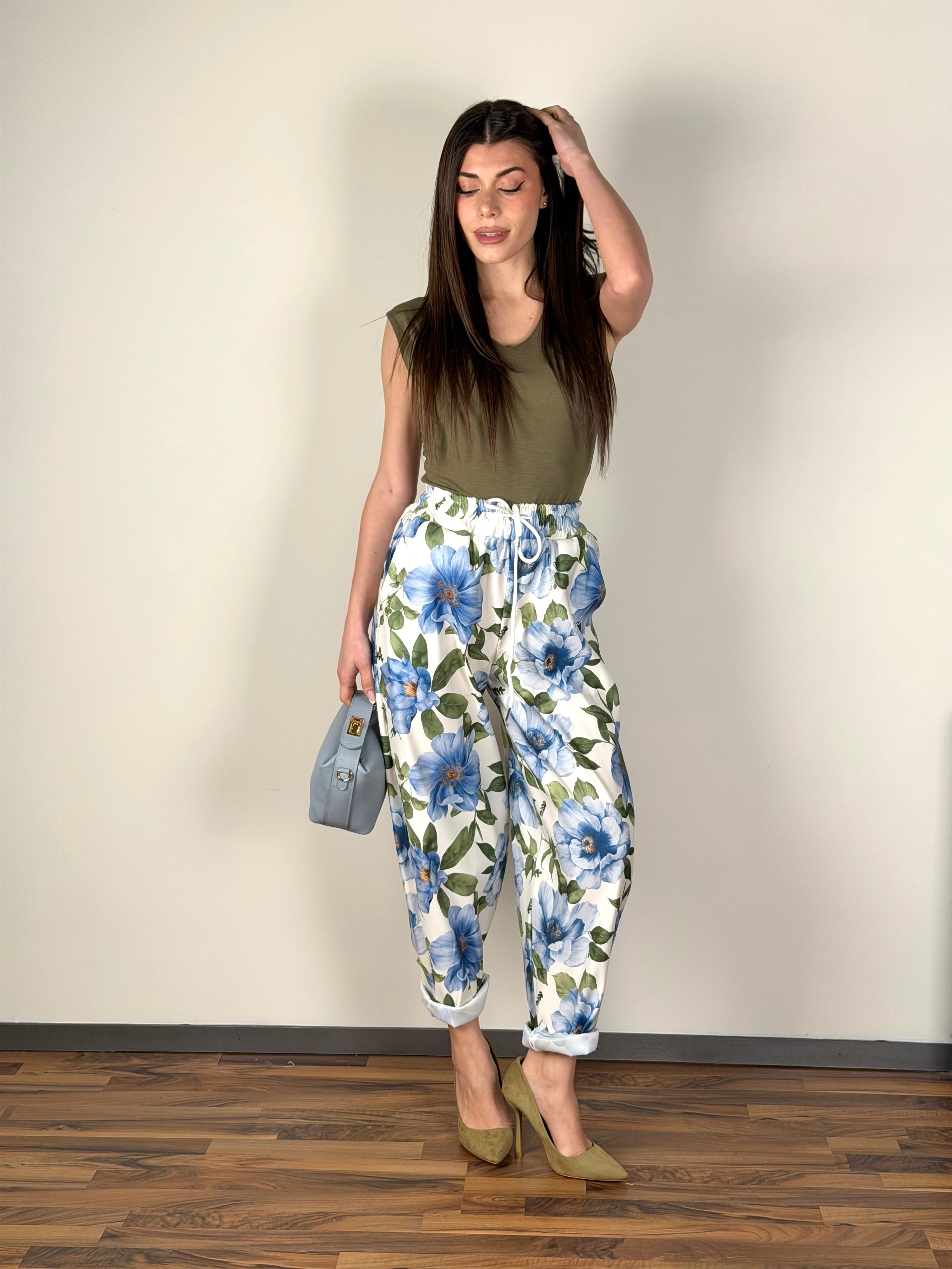 Pantalone Spring fiori celeste