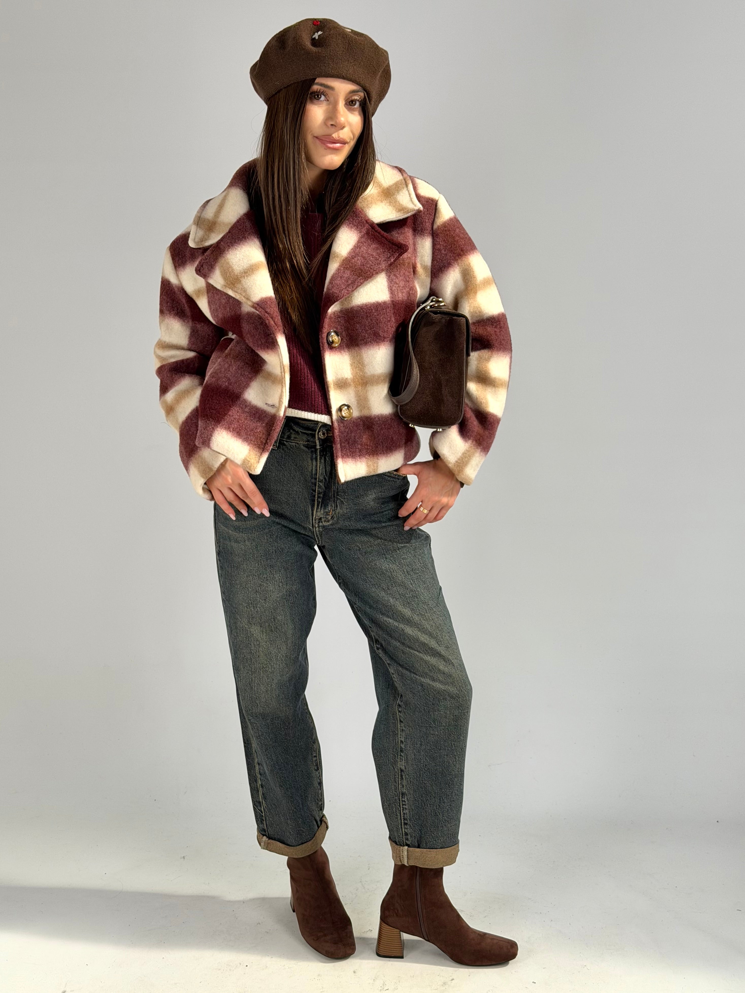 cappotto check in panno bordeaux