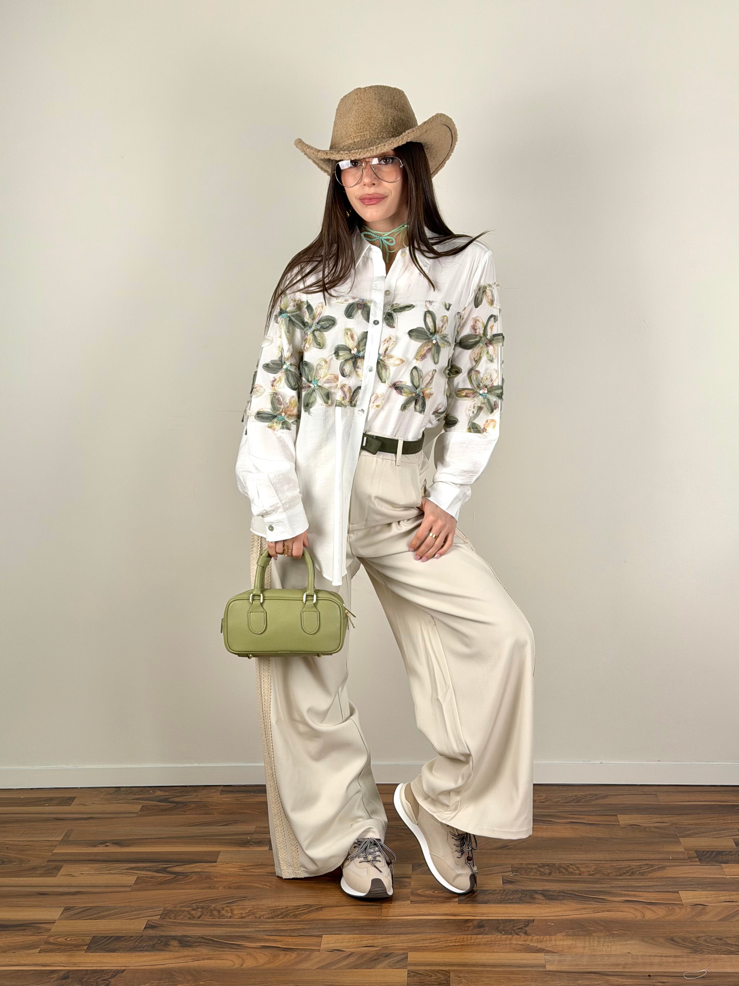 Pantalone bande pizzo beige