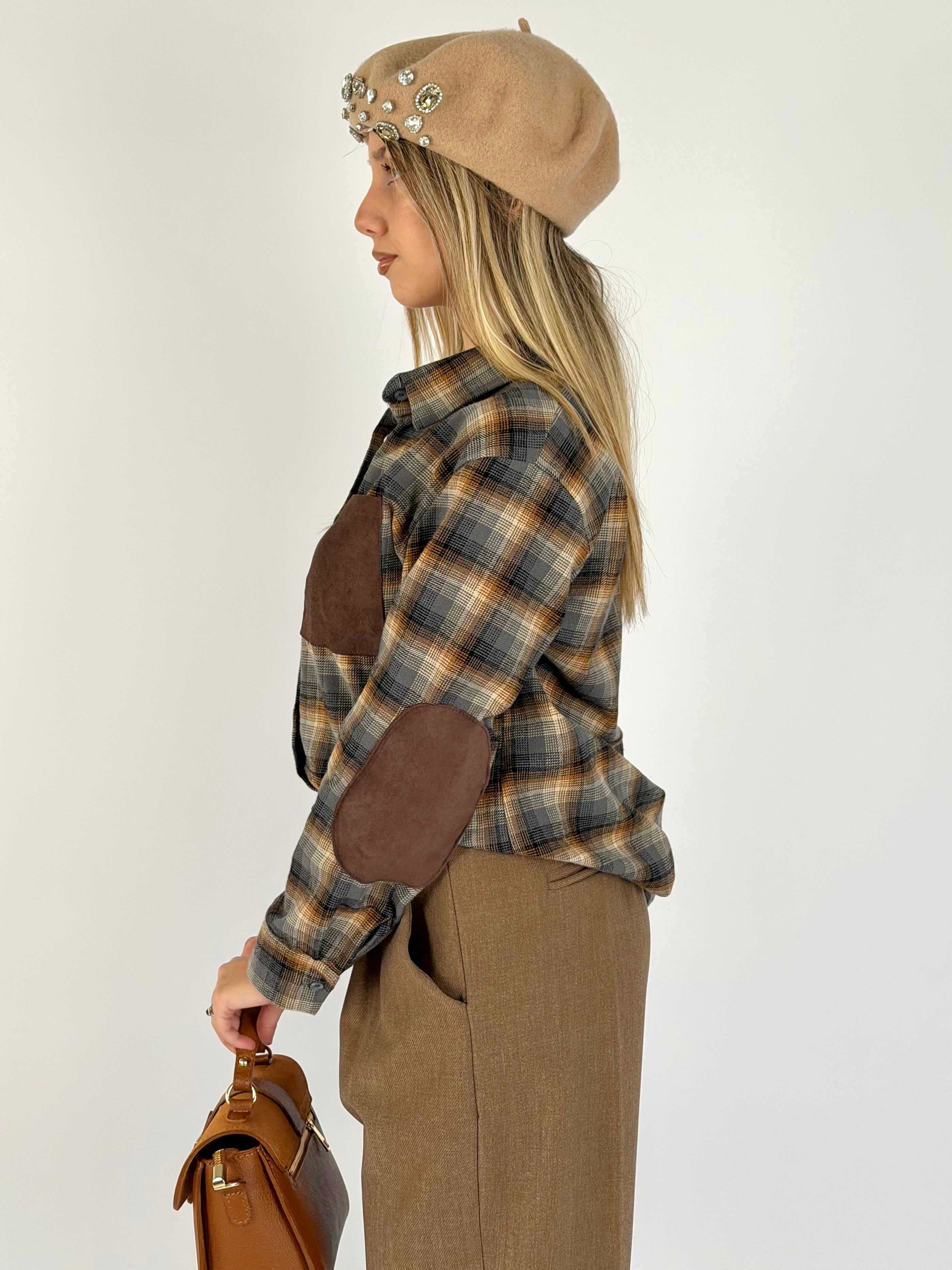 Camicia check taschino scamosciato marrone