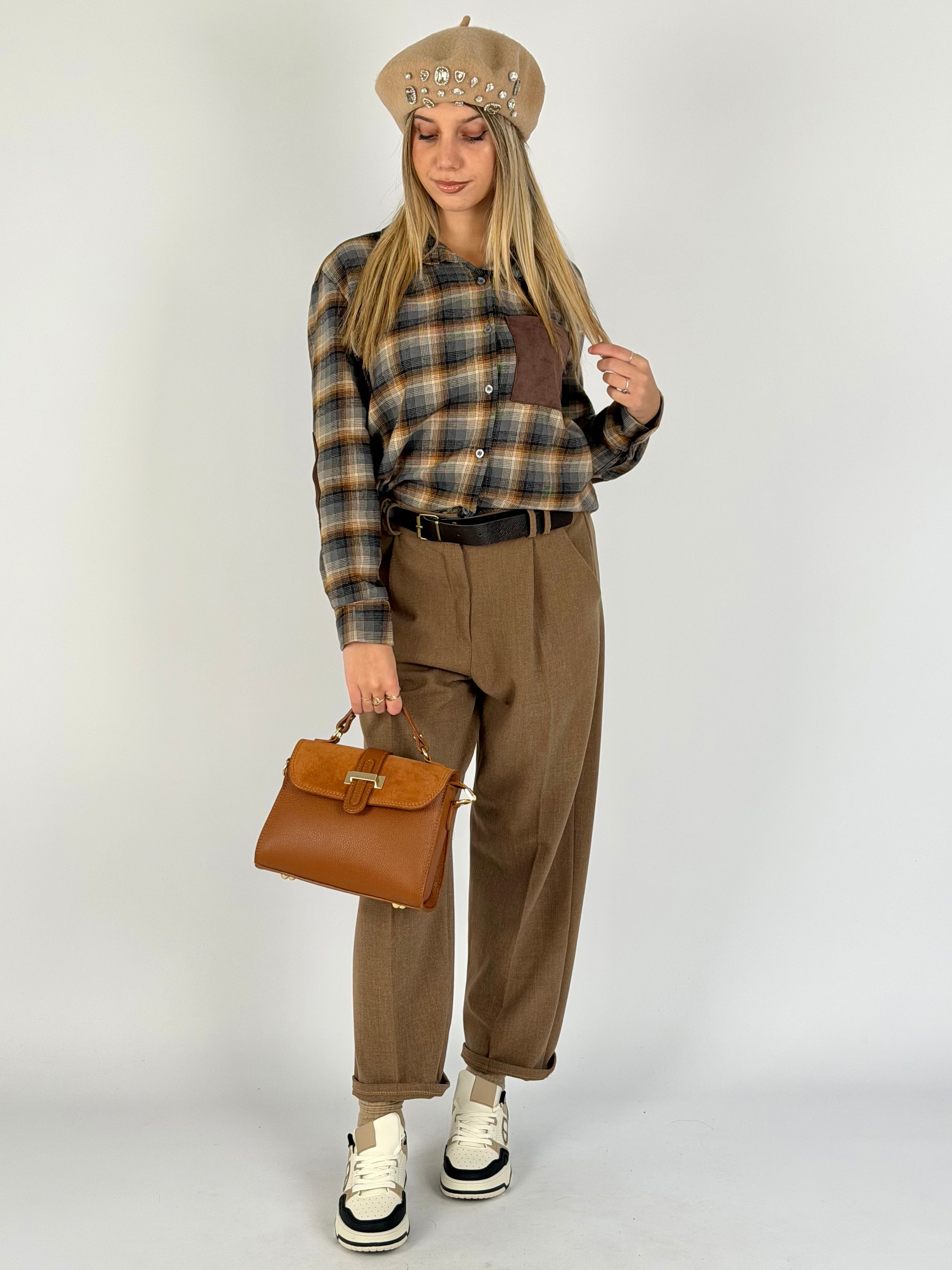 Camicia check taschino scamosciato marrone