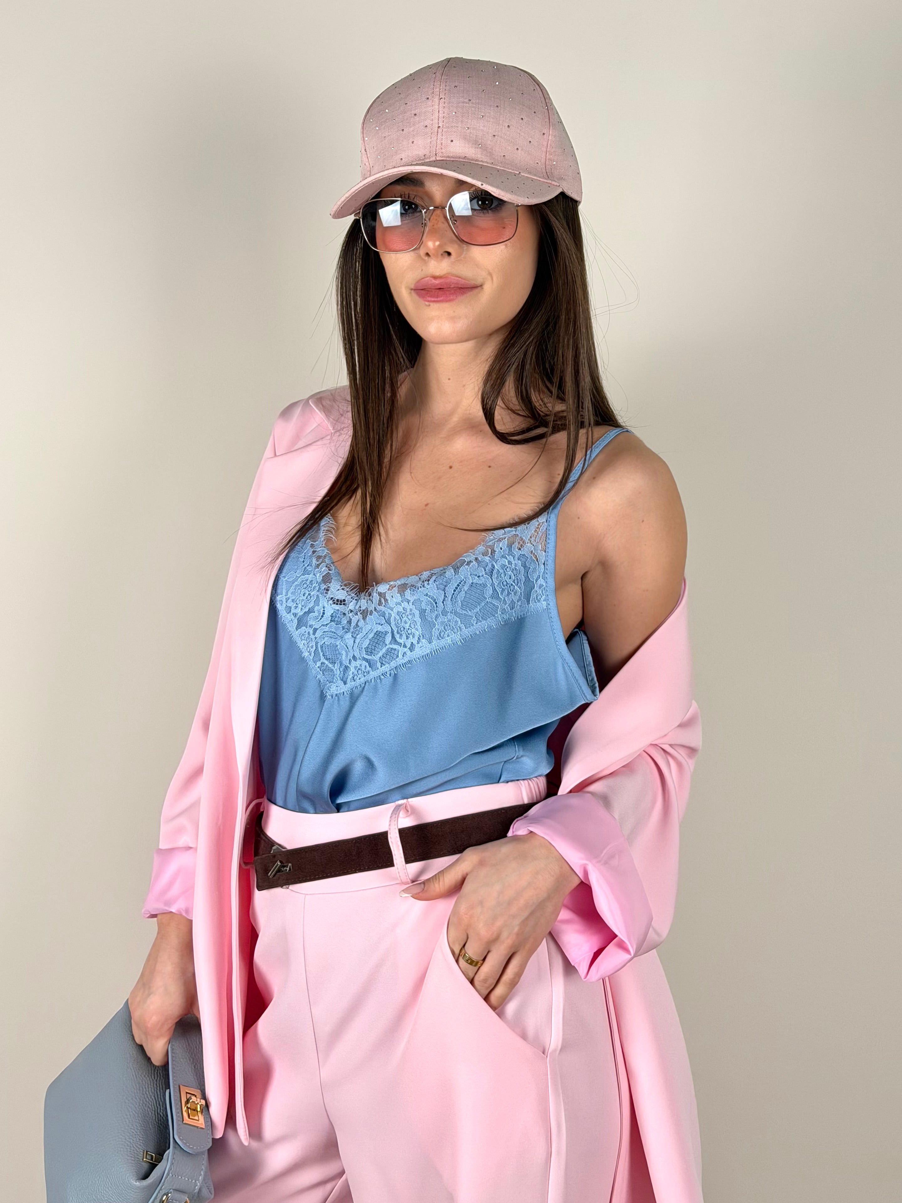 Top pizzo raso celeste