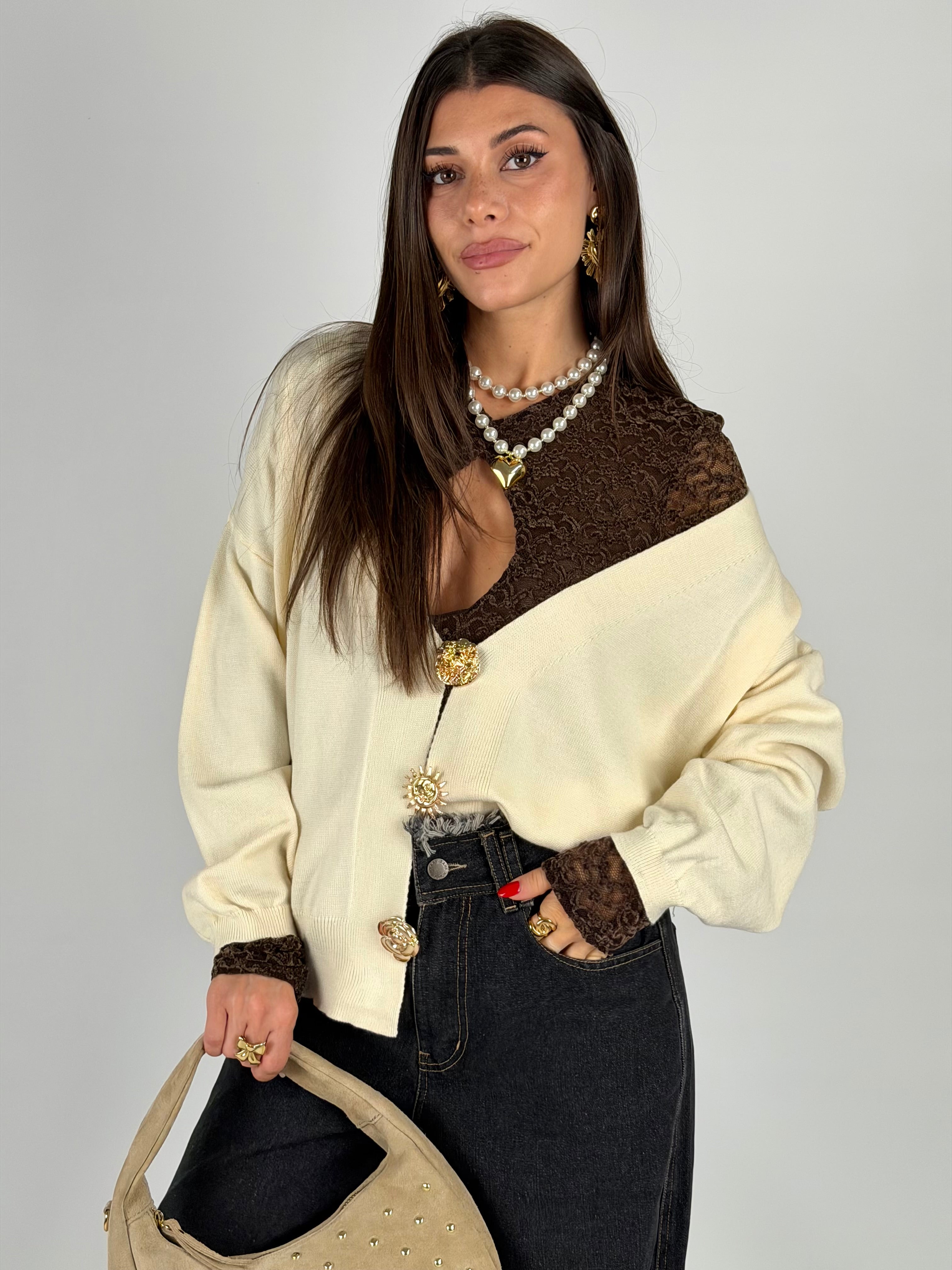 Cardigan bottoni gioiello panna