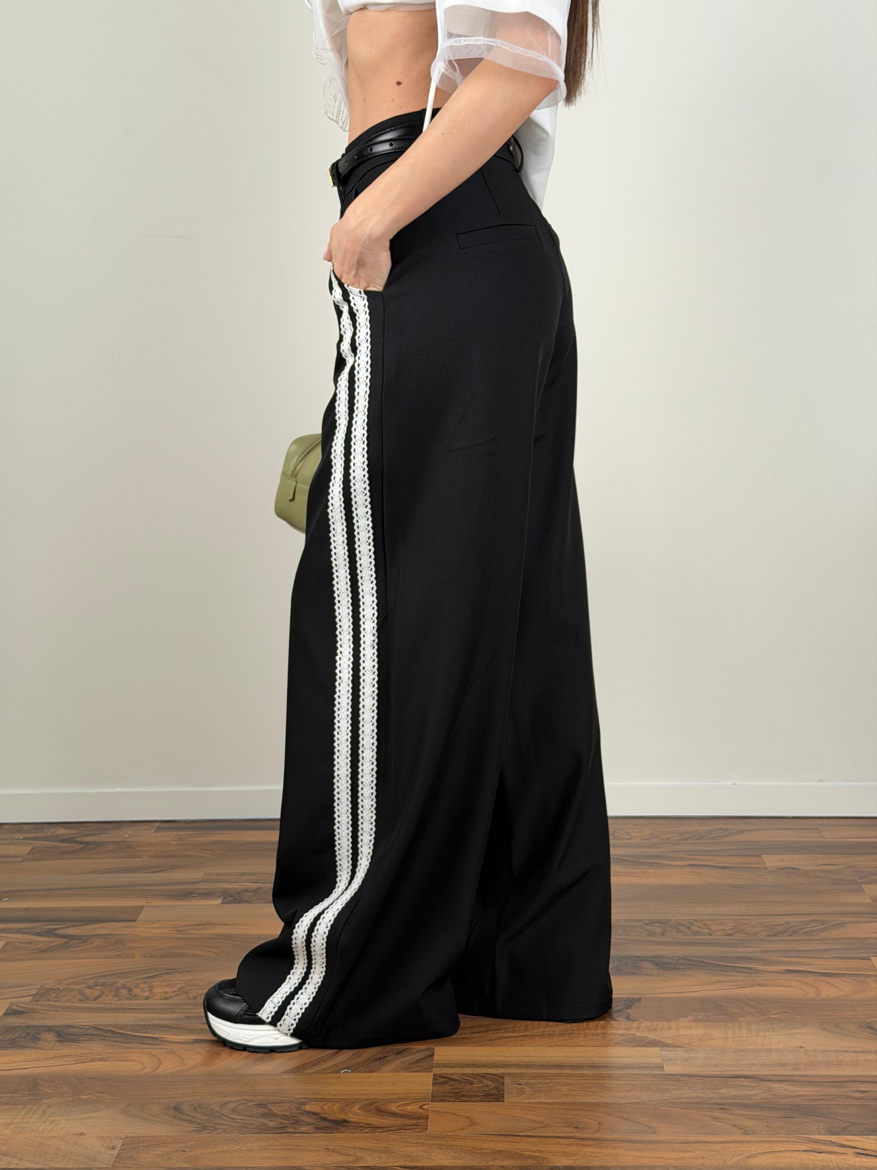 Pantalone bande pizzo nero