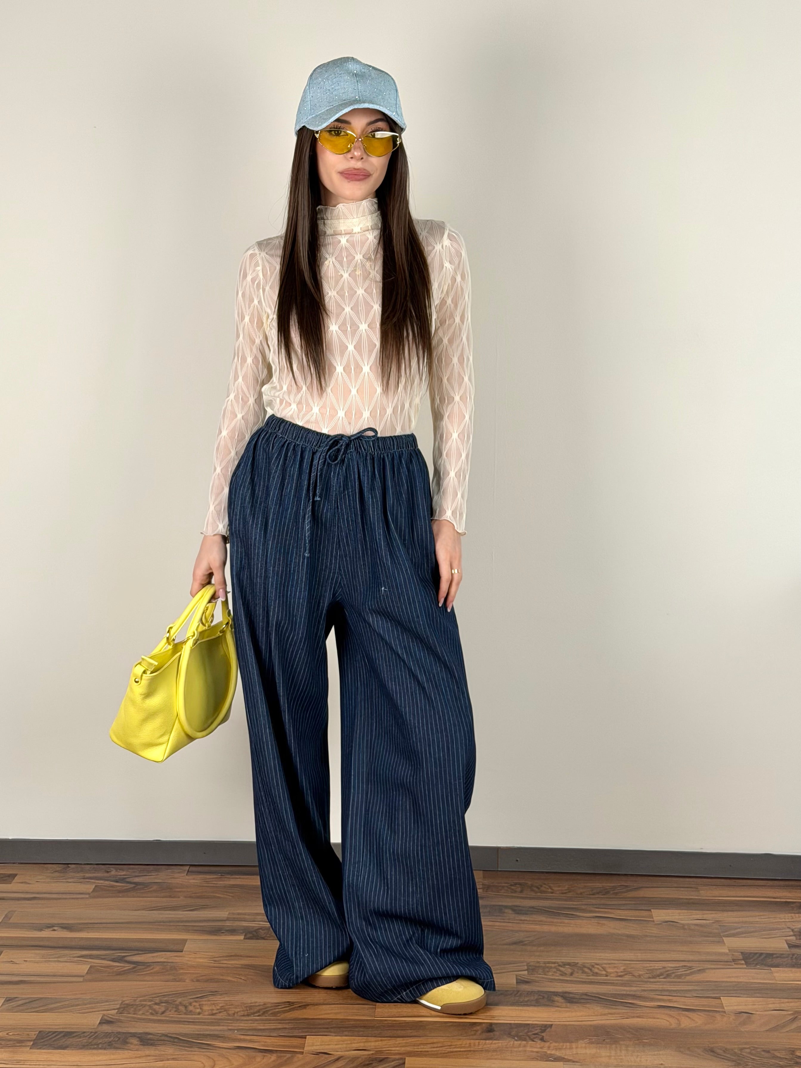 Pantalone maxi gessato Amour blu