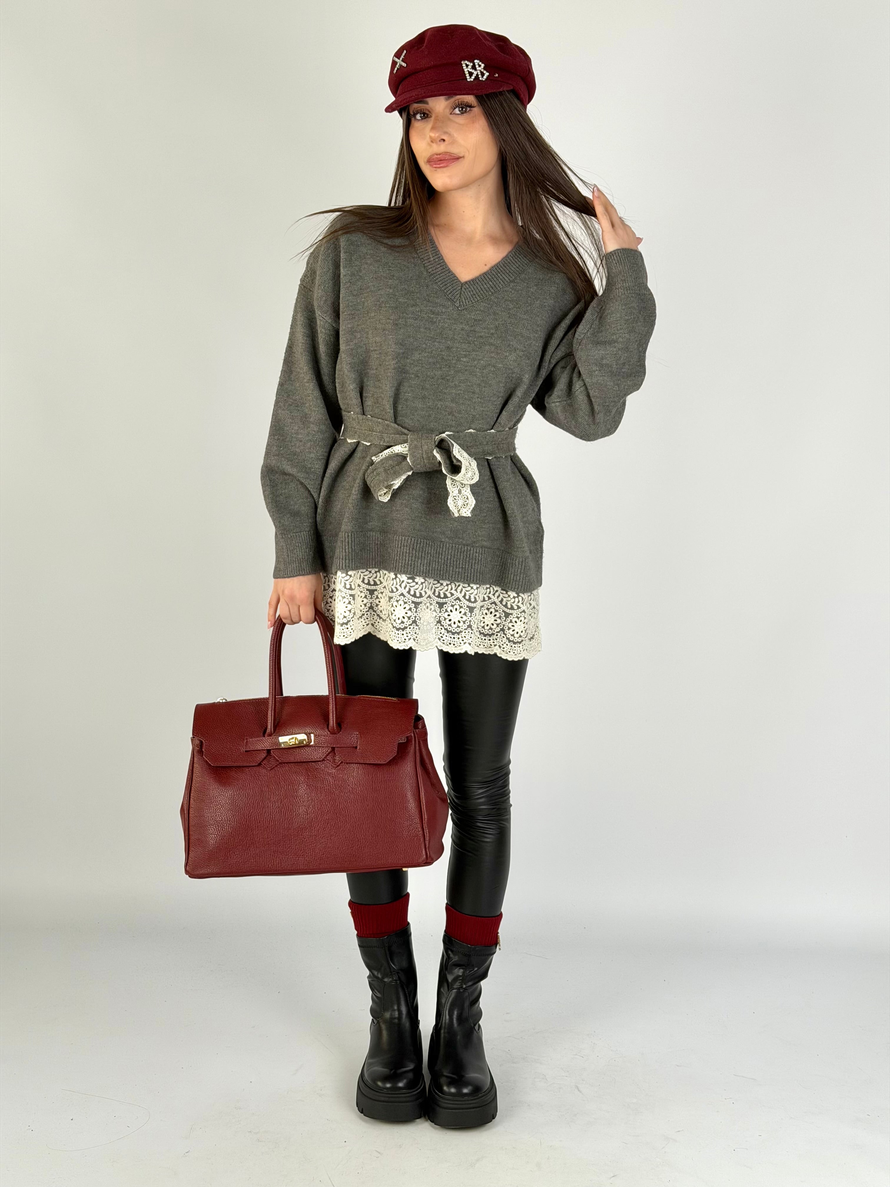 Maglia cintura ricami grigio