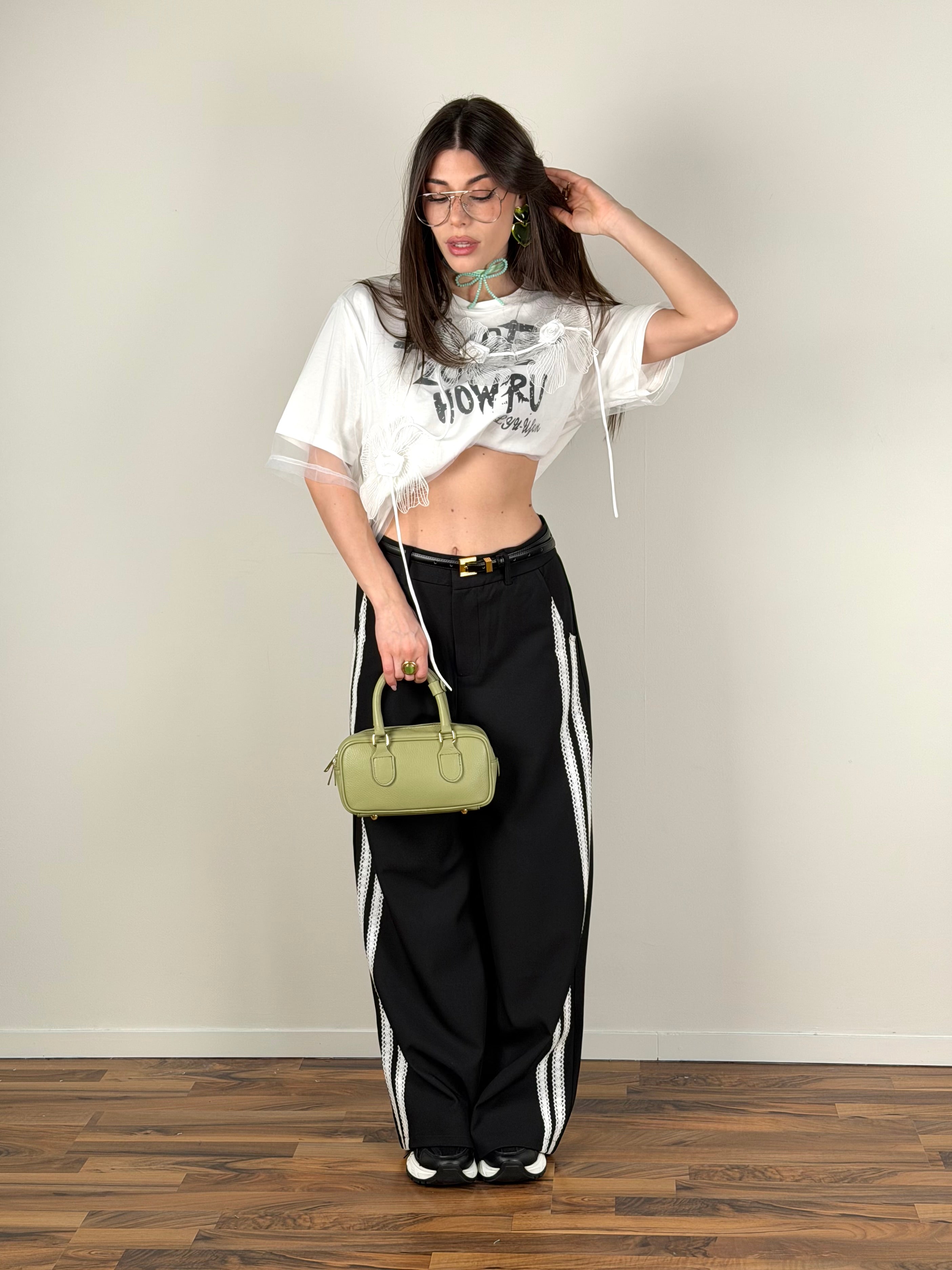 Pantalone bande pizzo nero