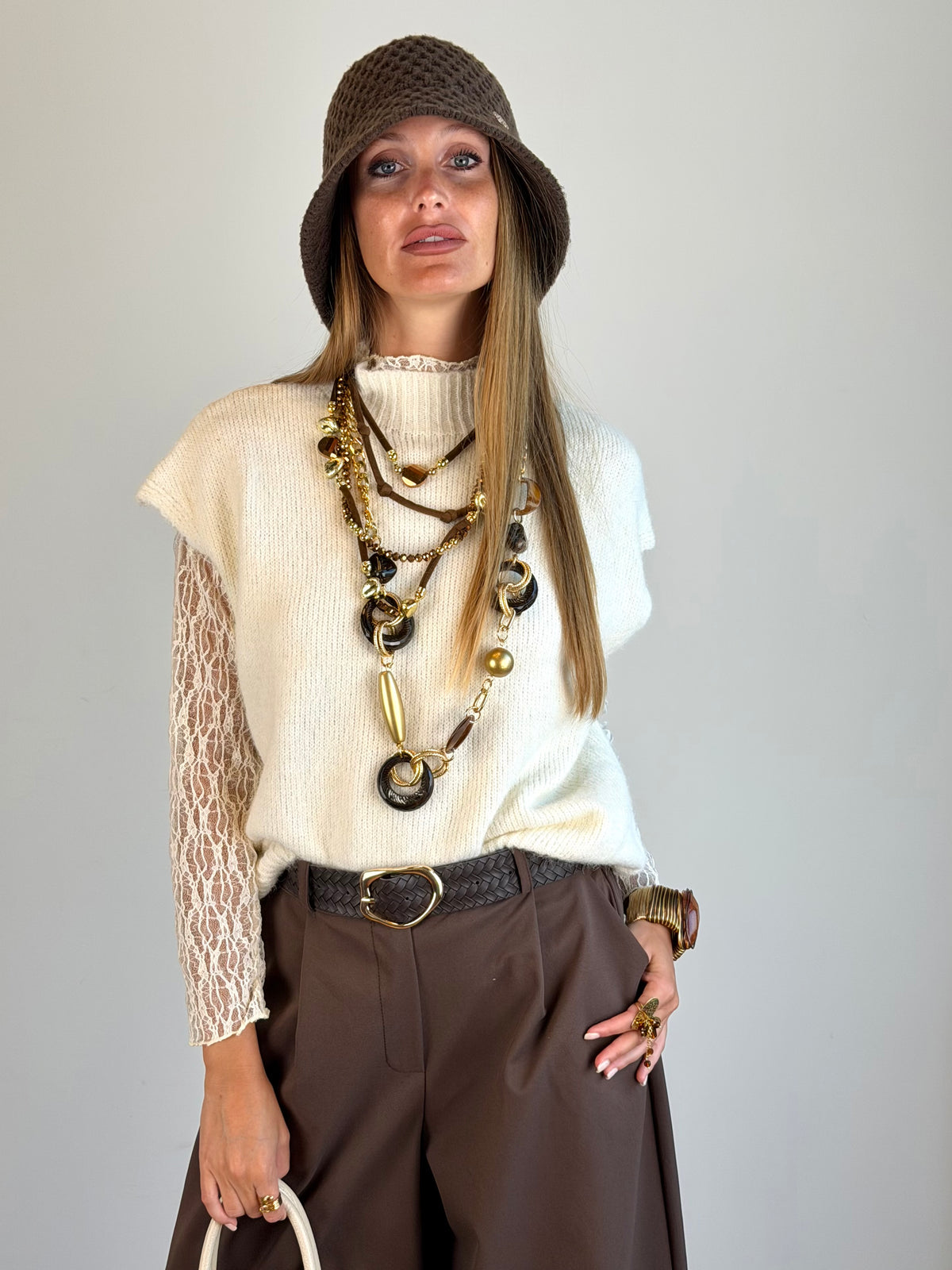 Maglia manica pizzo panna
