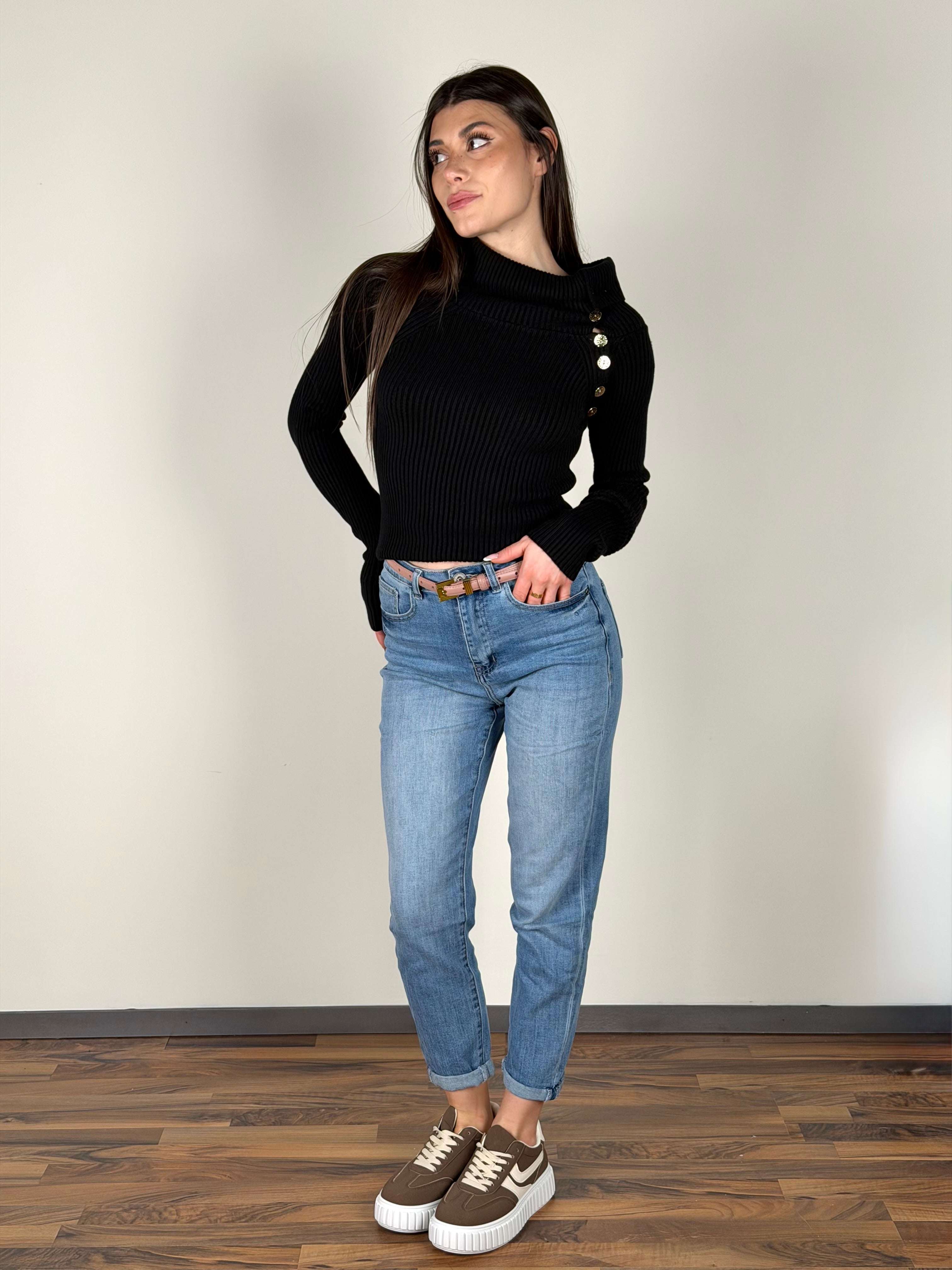 Maglia a costine con bottoni nera