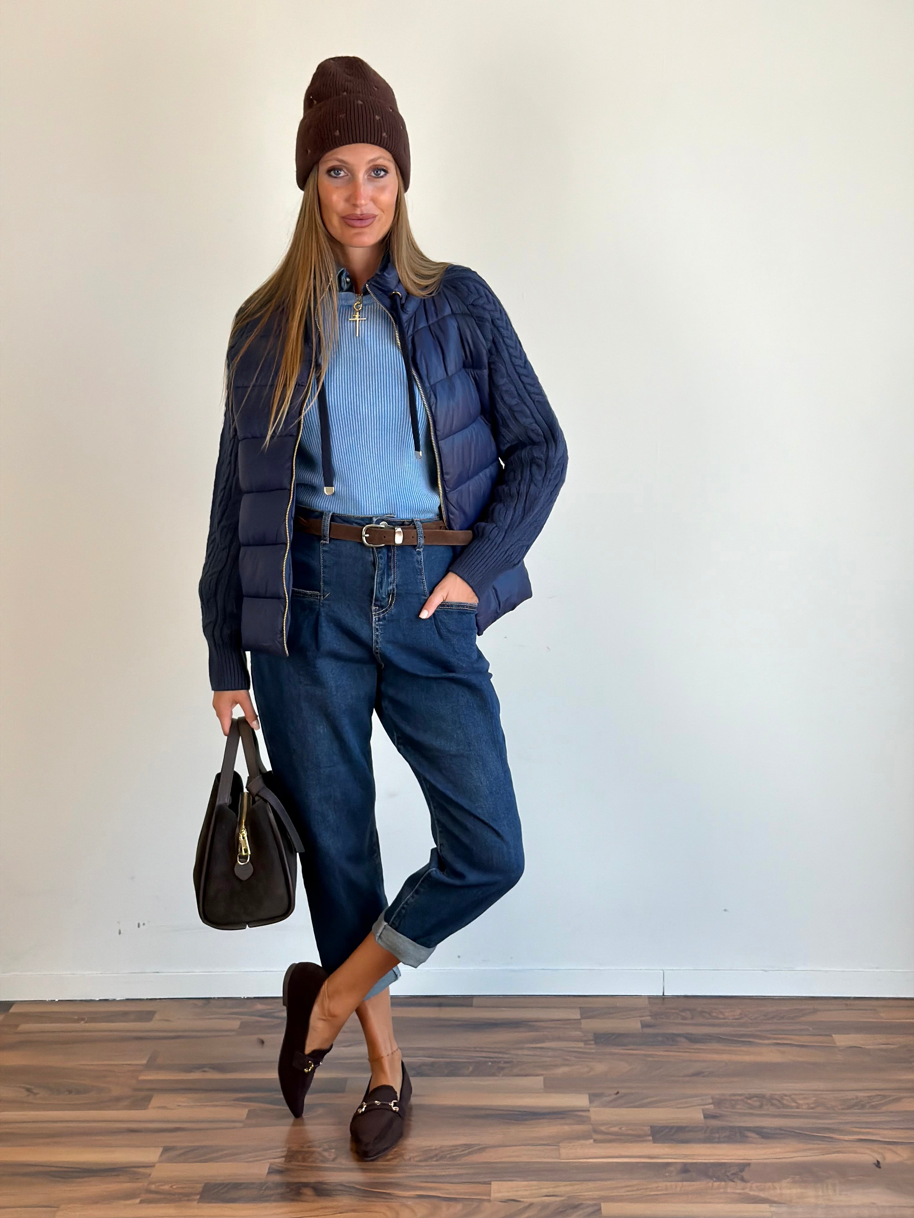 Piumino manica treccia blu