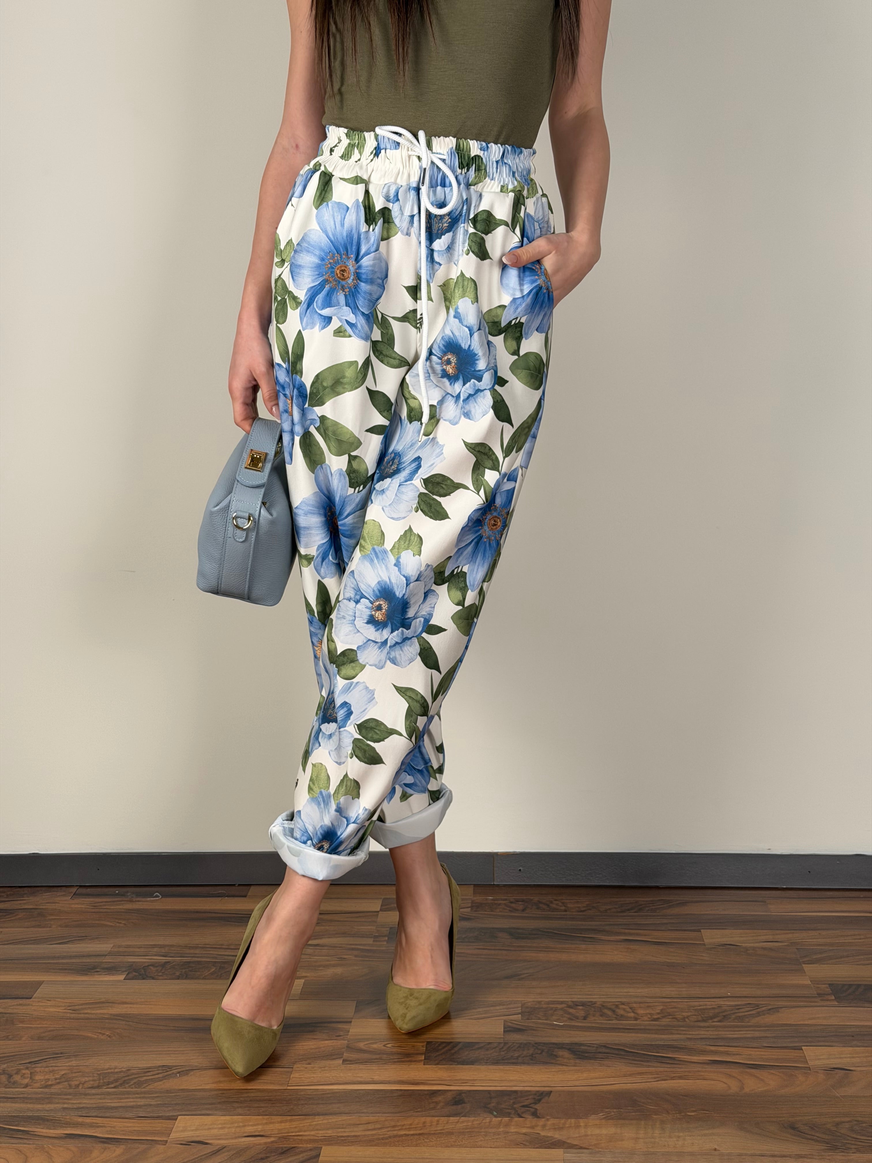 Pantalone Spring fiori celeste