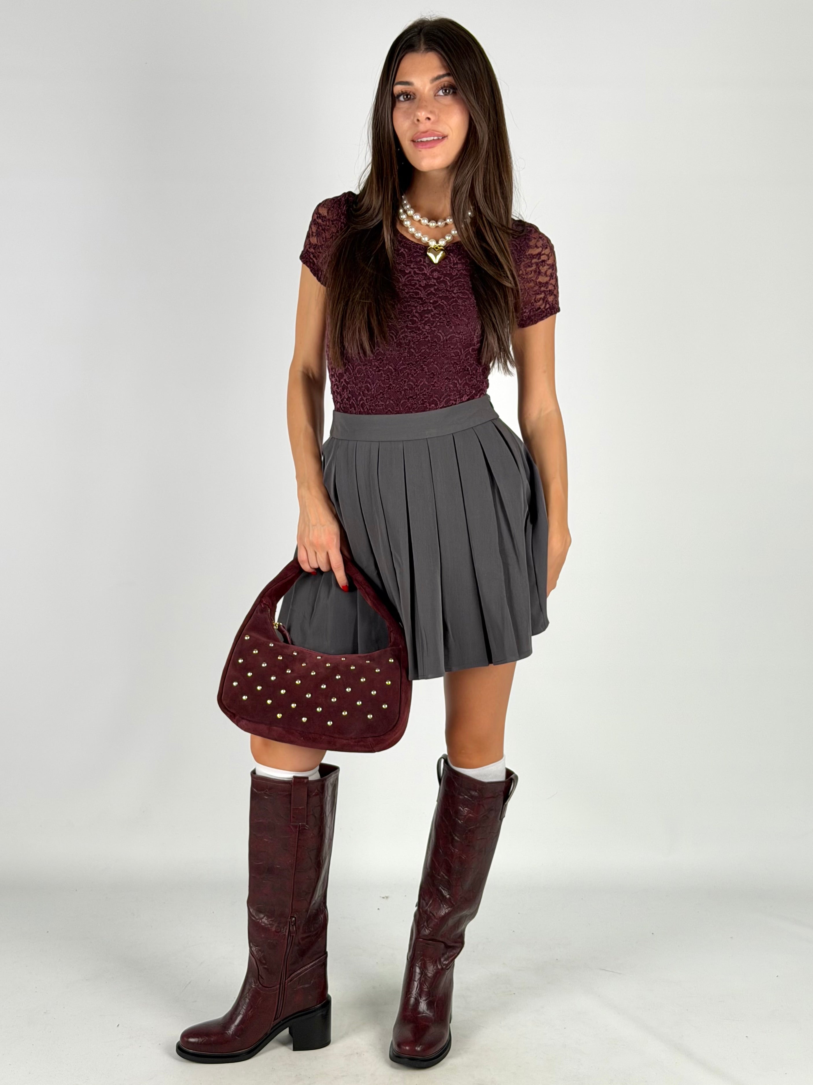 Body pizzo mezza manica bordeaux