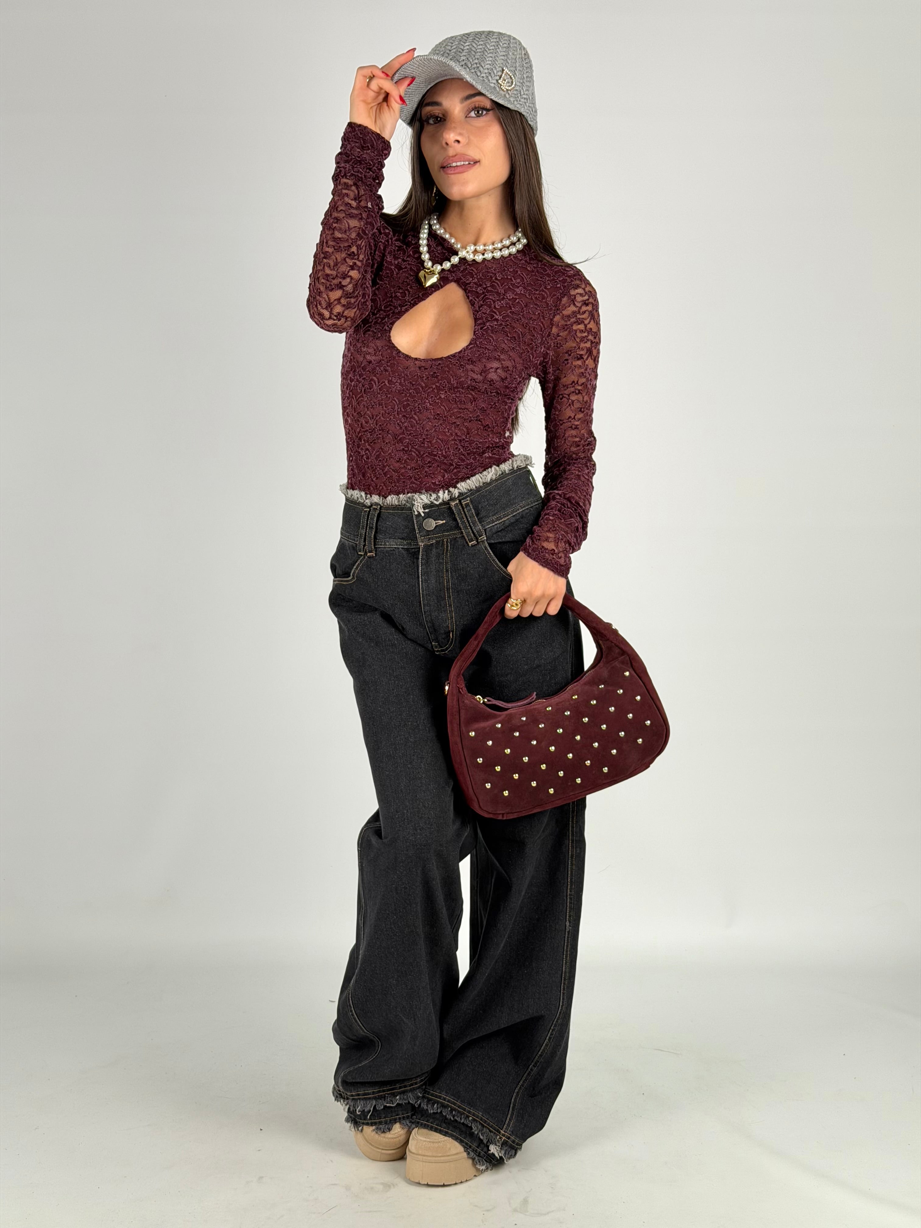 Body goccia pizzo bordeaux