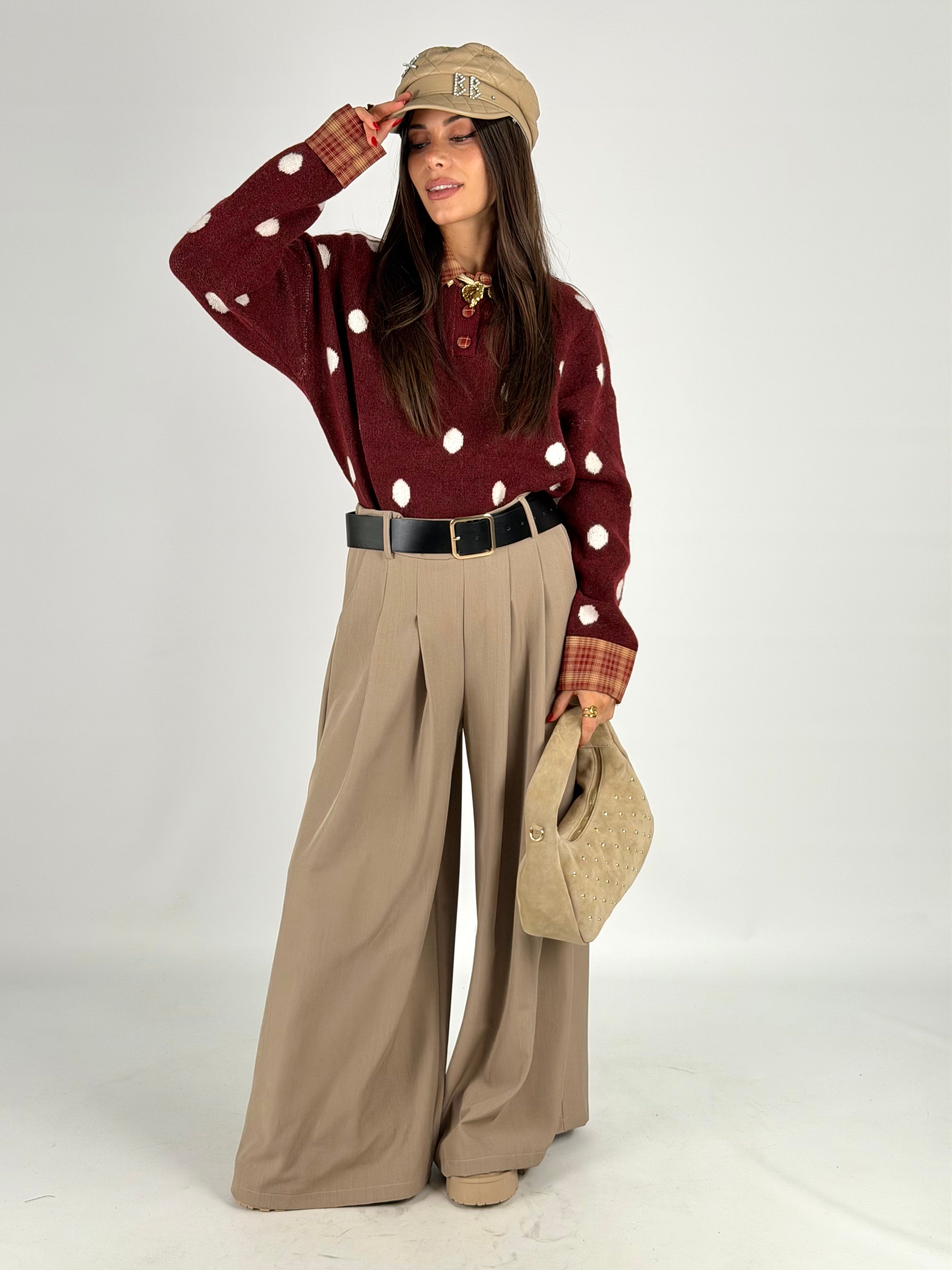 Pantalone palazzo con cinta beige