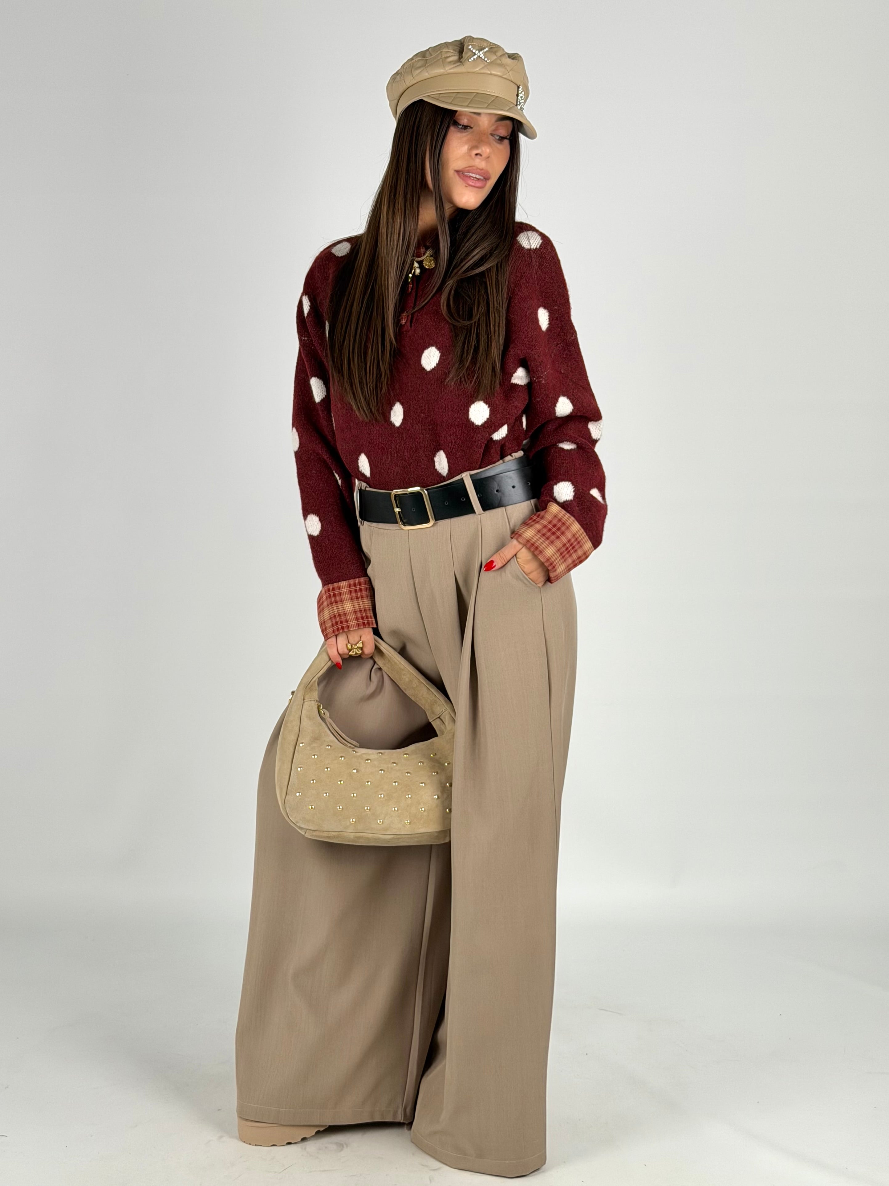 Pantalone palazzo con cinta beige
