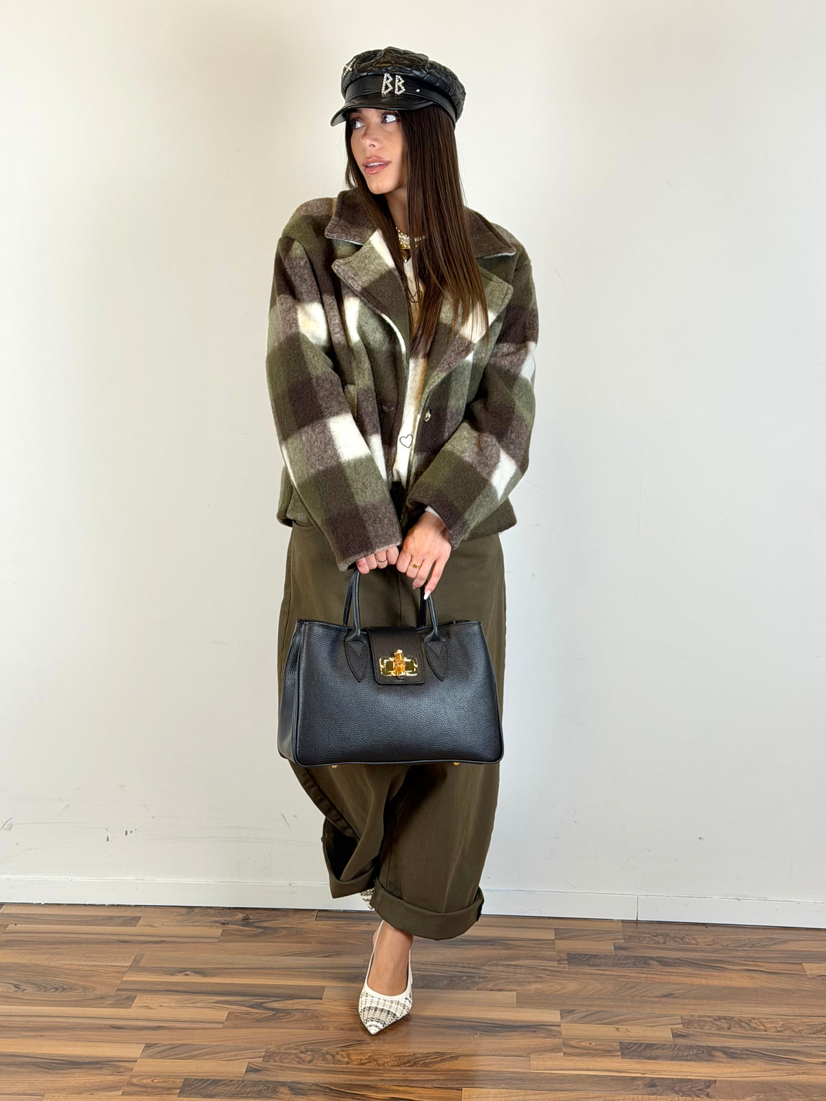 Cappotto crop Check verde