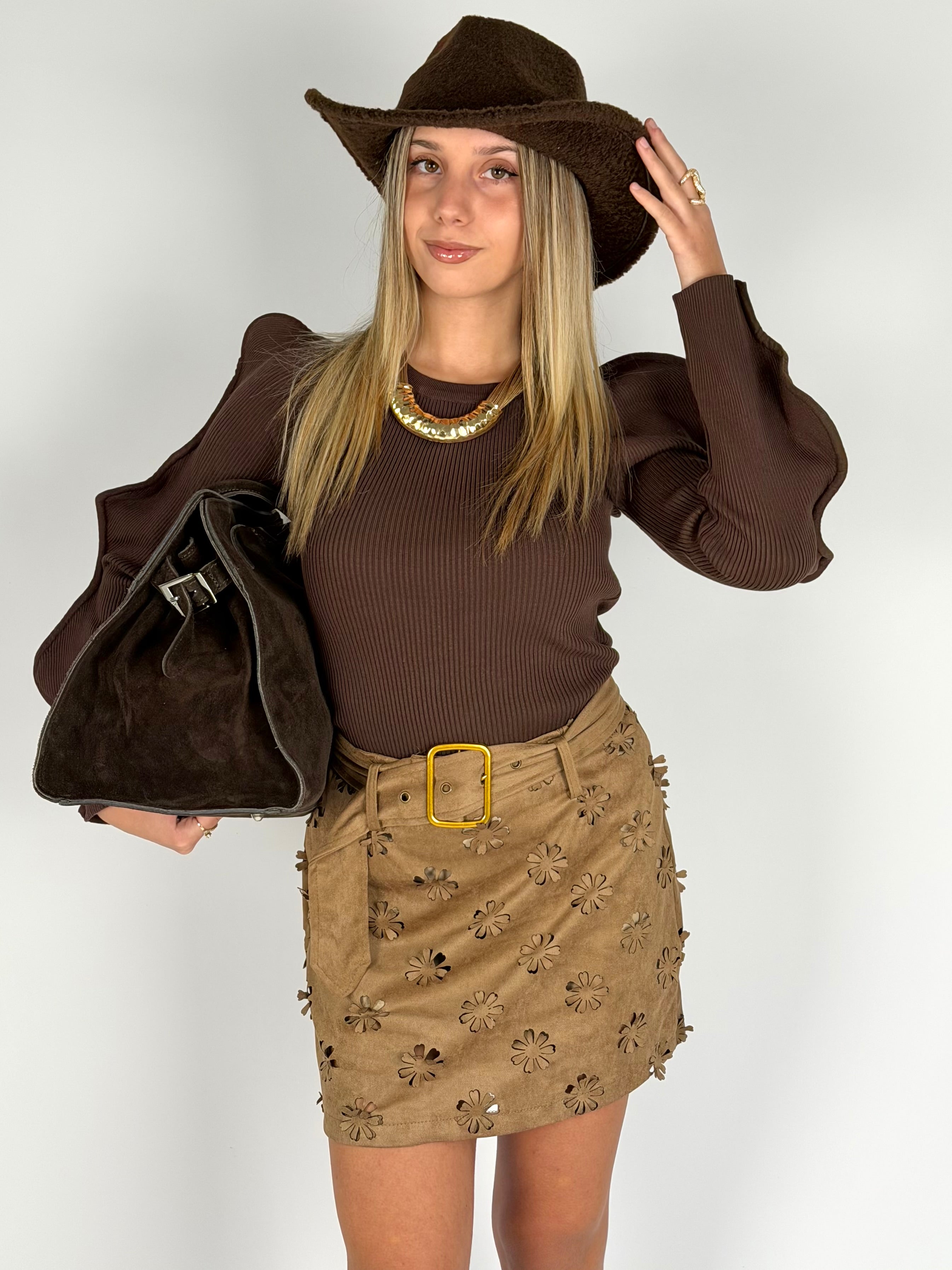 Gonna fiori traforati tabacco