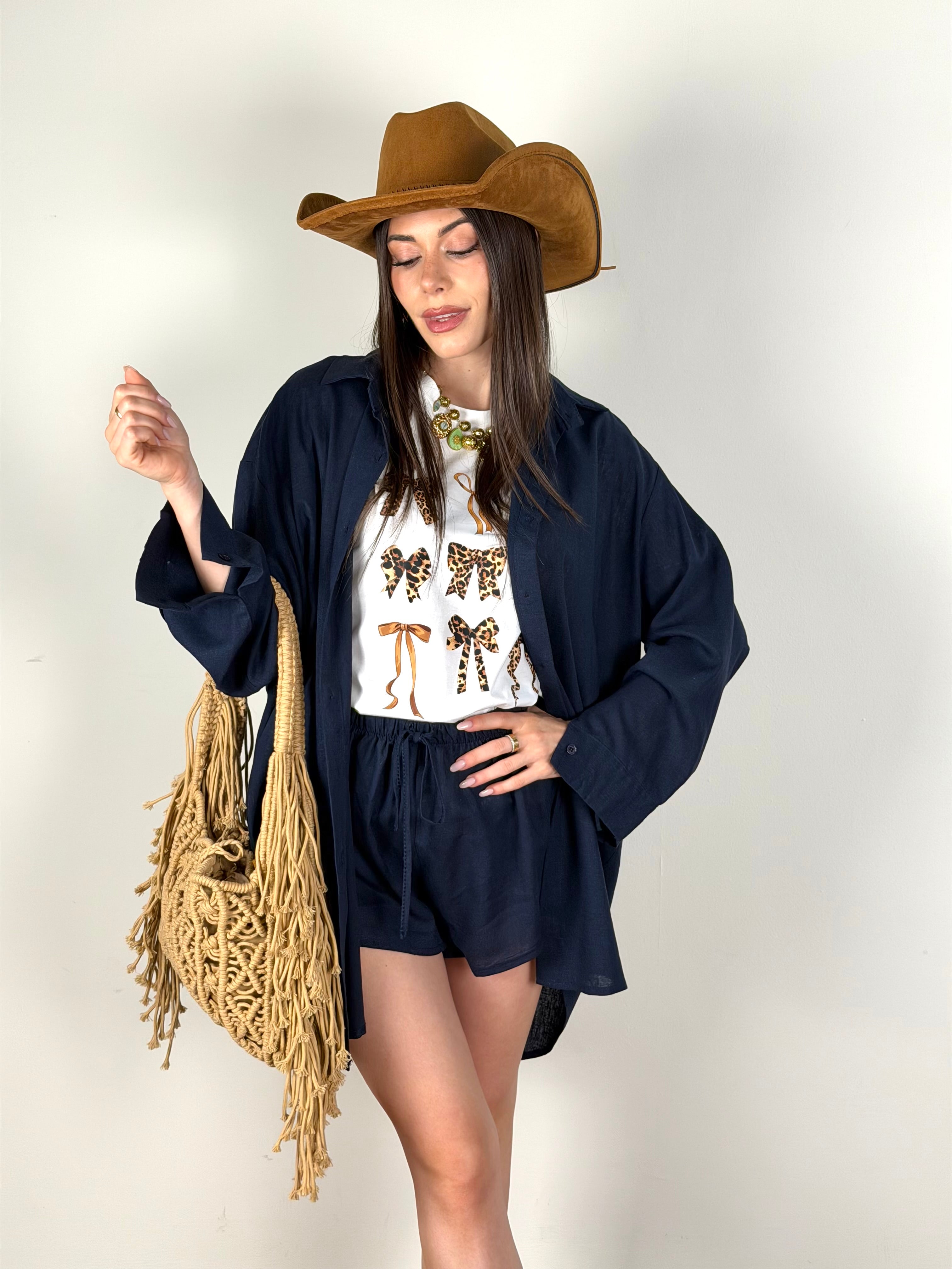Completo lino maxi camicia + Short blu