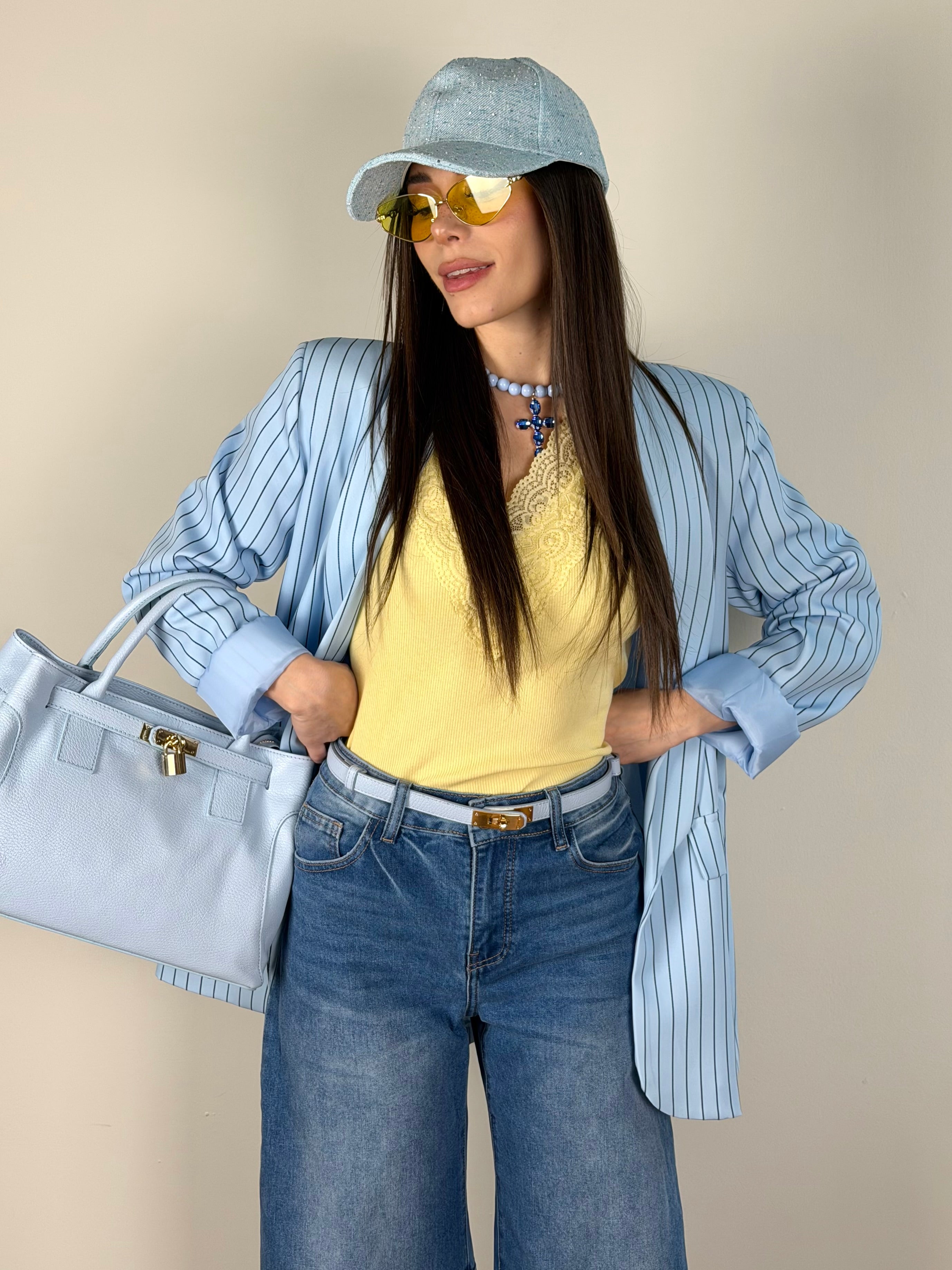 Giacca gessata celeste