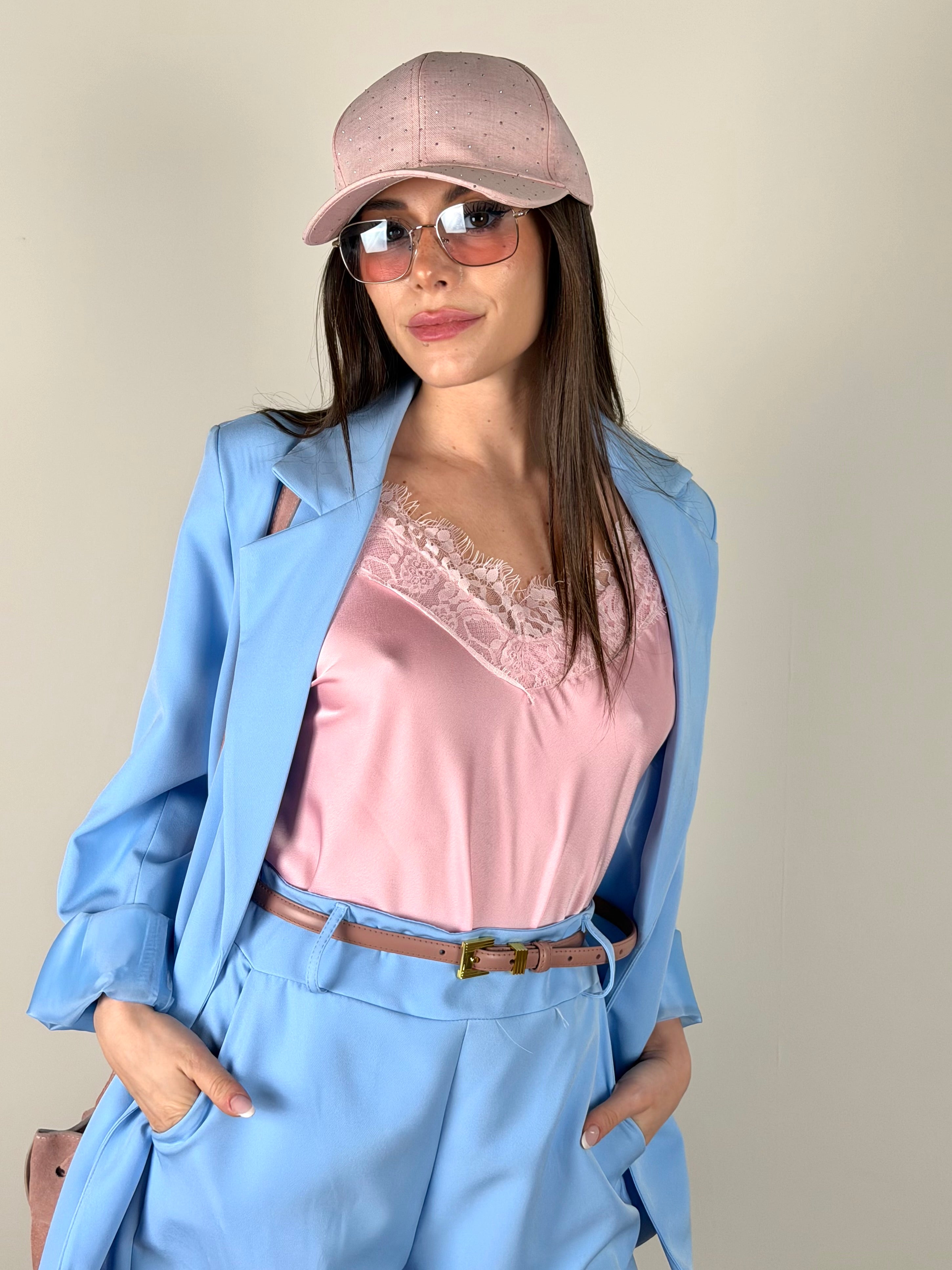 Top pizzo raso rosa