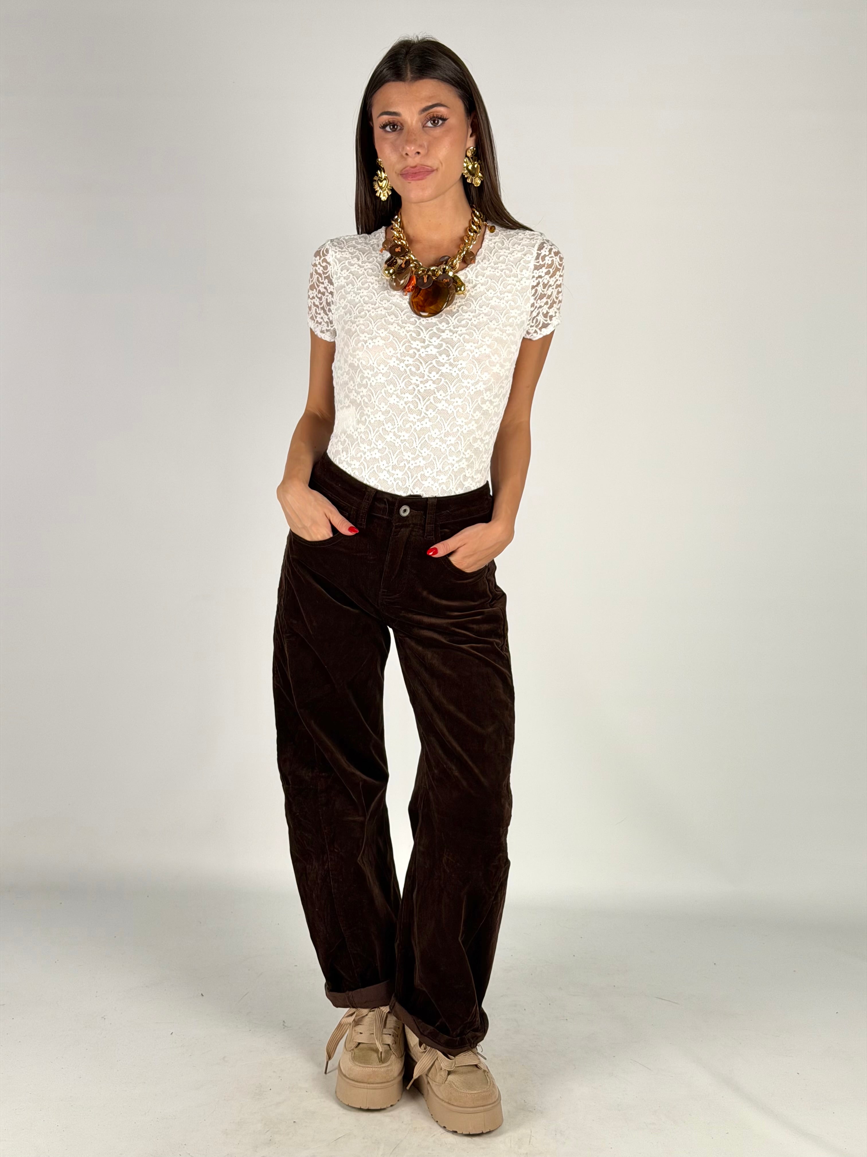 Body pizzo mezza manica panna