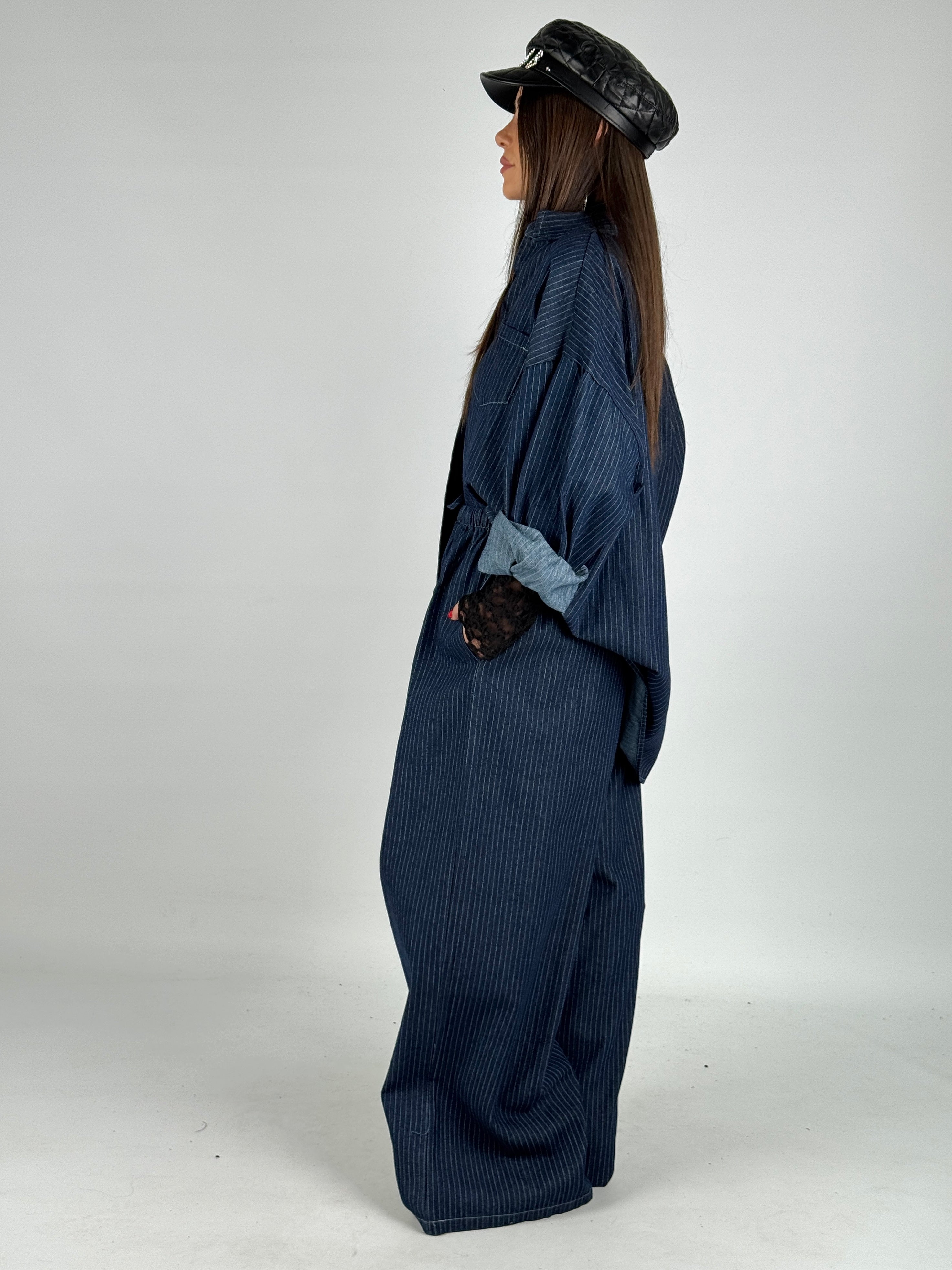 Pantalone completo denim gessato