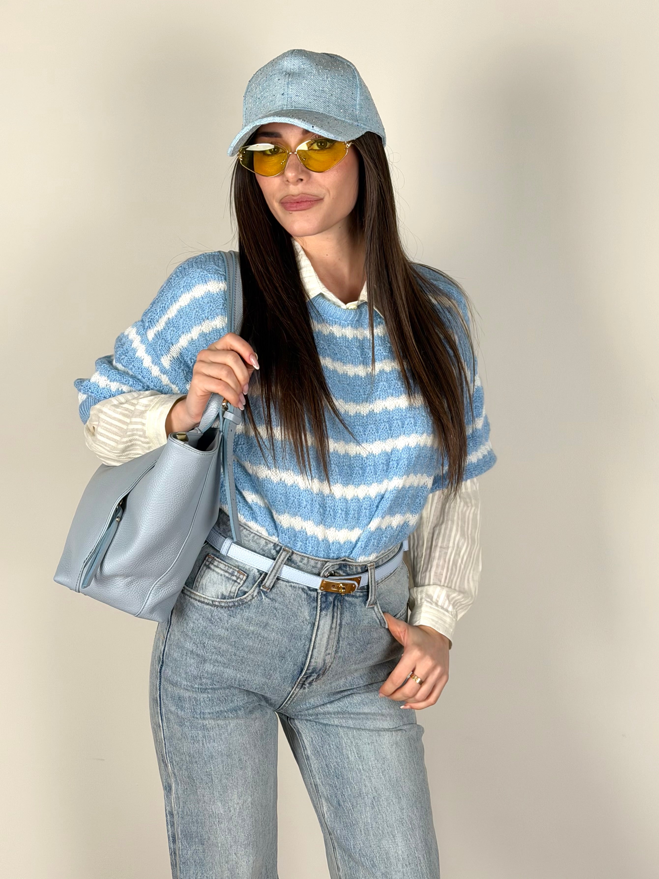 Maglia zig zag celeste/bianco