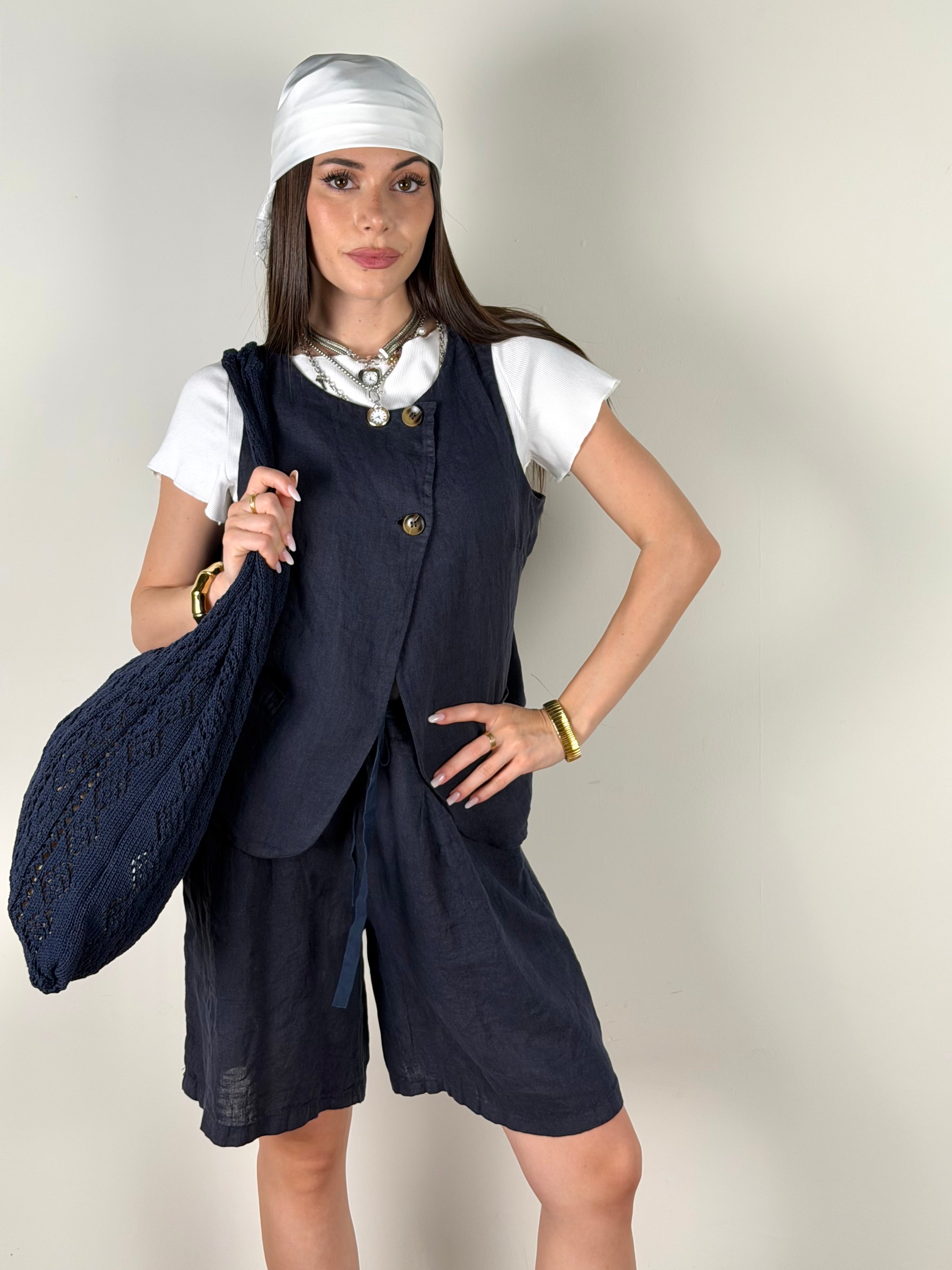 Gilet puro lino Tessa blu