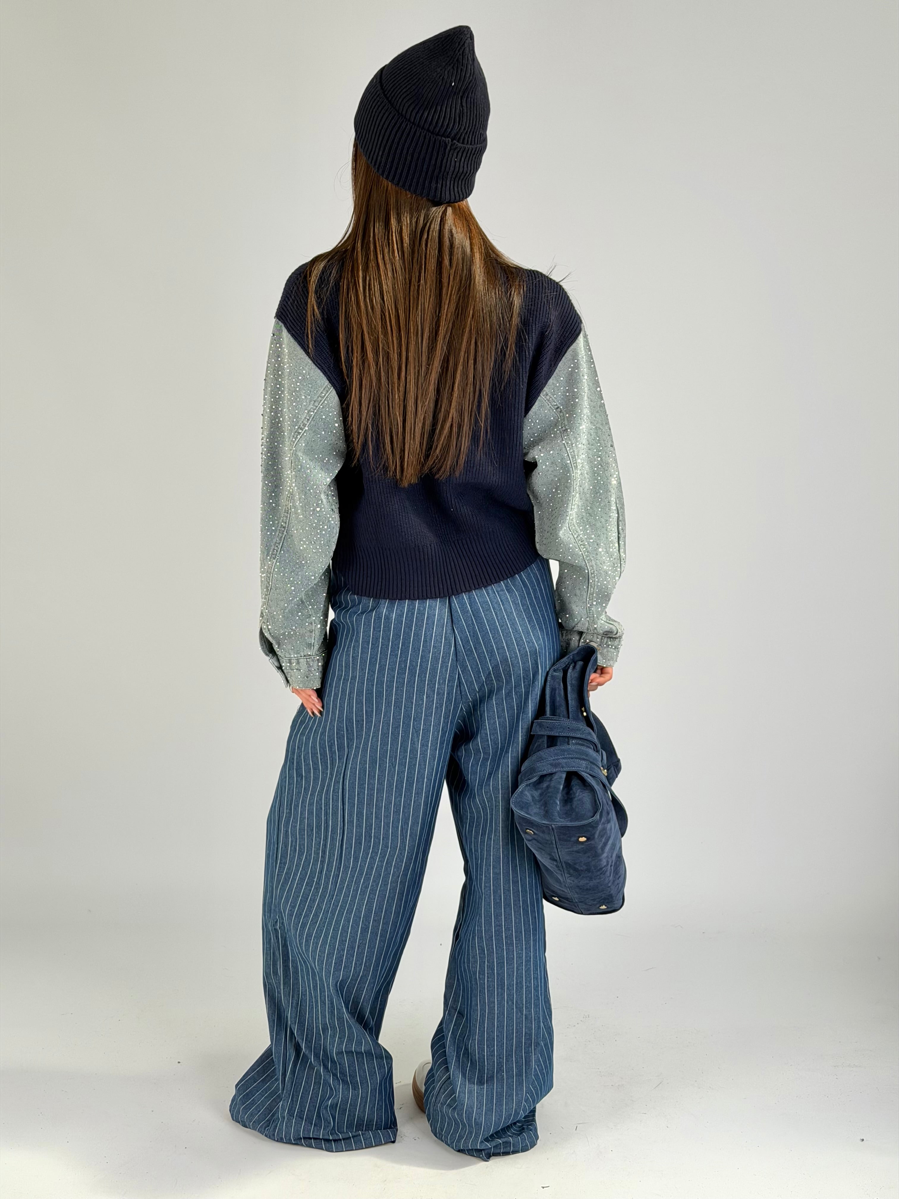 Maglia maniche denim zirconi blu