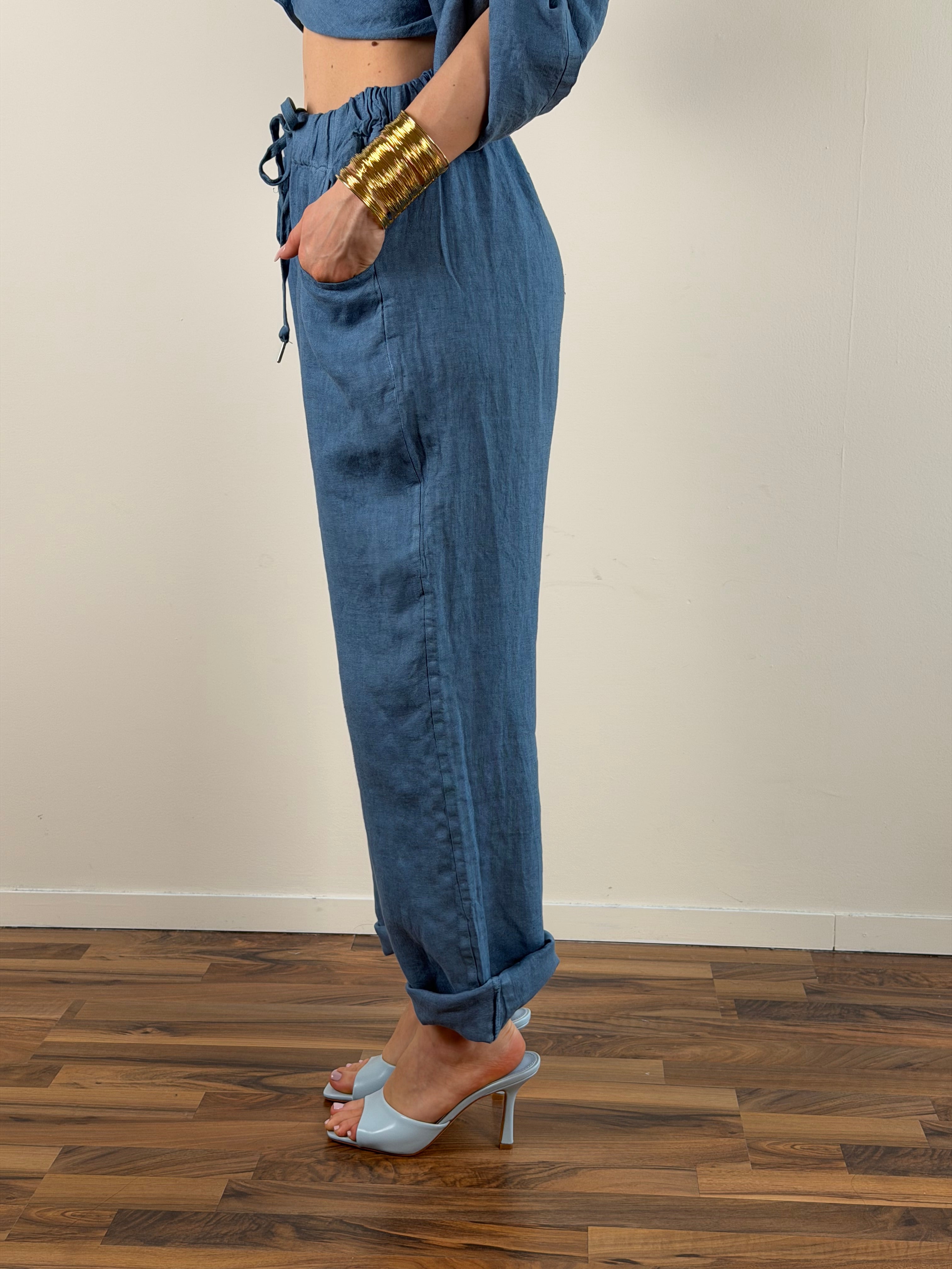 Pantalone Sandy puro lino celeste